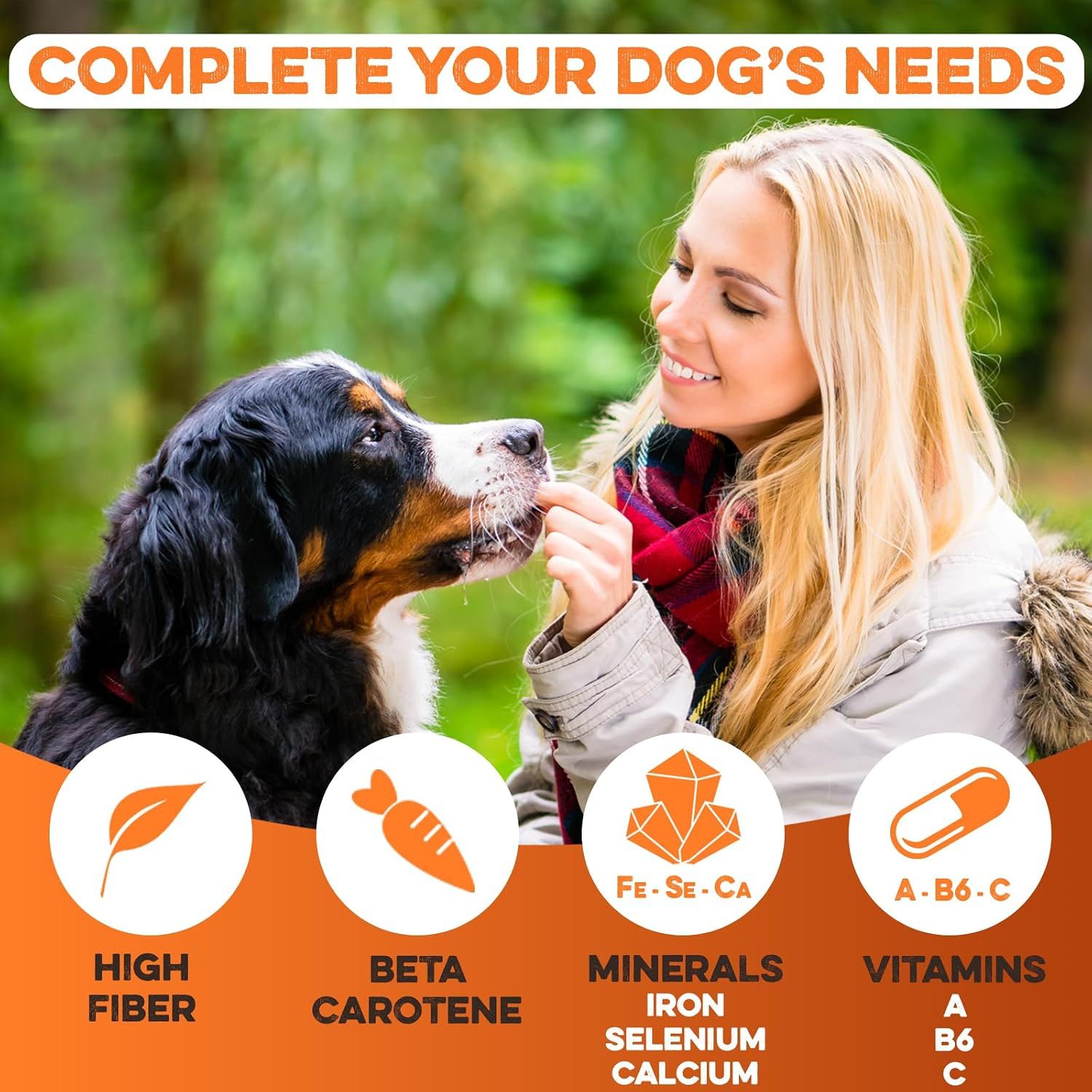 Showcases multiple nutritional benefits of the sweet potato treats, highlighting the vitamins, minerals, and fiber that support a dog's overall health.