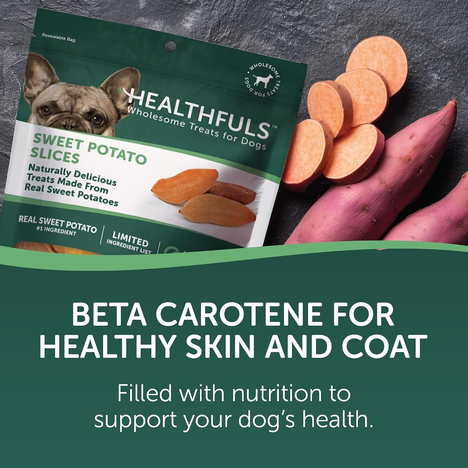 Highlights the nutritional benefit of beta carotene in the sweet potato treats to support dogs' skin and coat health.