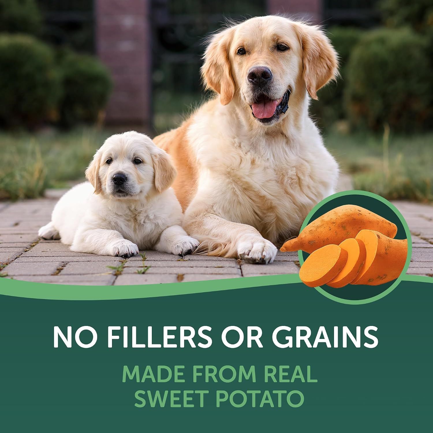 Reassures pet owners that the treats are made from real sweet potato with no fillers or grains, emphasizing clean, wholesome ingredients.