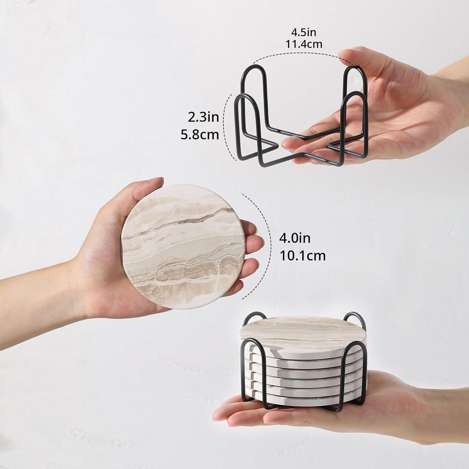 Provides exact dimensional measurements of the coasters and holder to help shoppers understand the physical size and fit for their space.