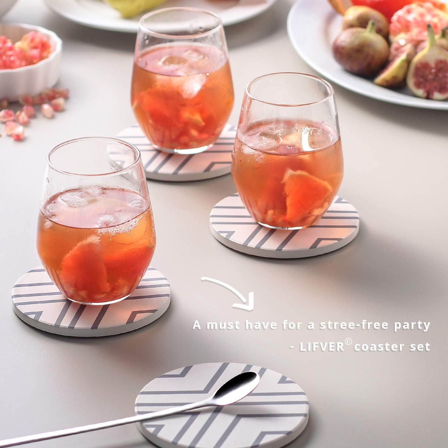 Positions the coaster set as ideal for entertaining and parties, emphasizing its ability to keep surfaces clean and stress-free during gatherings.