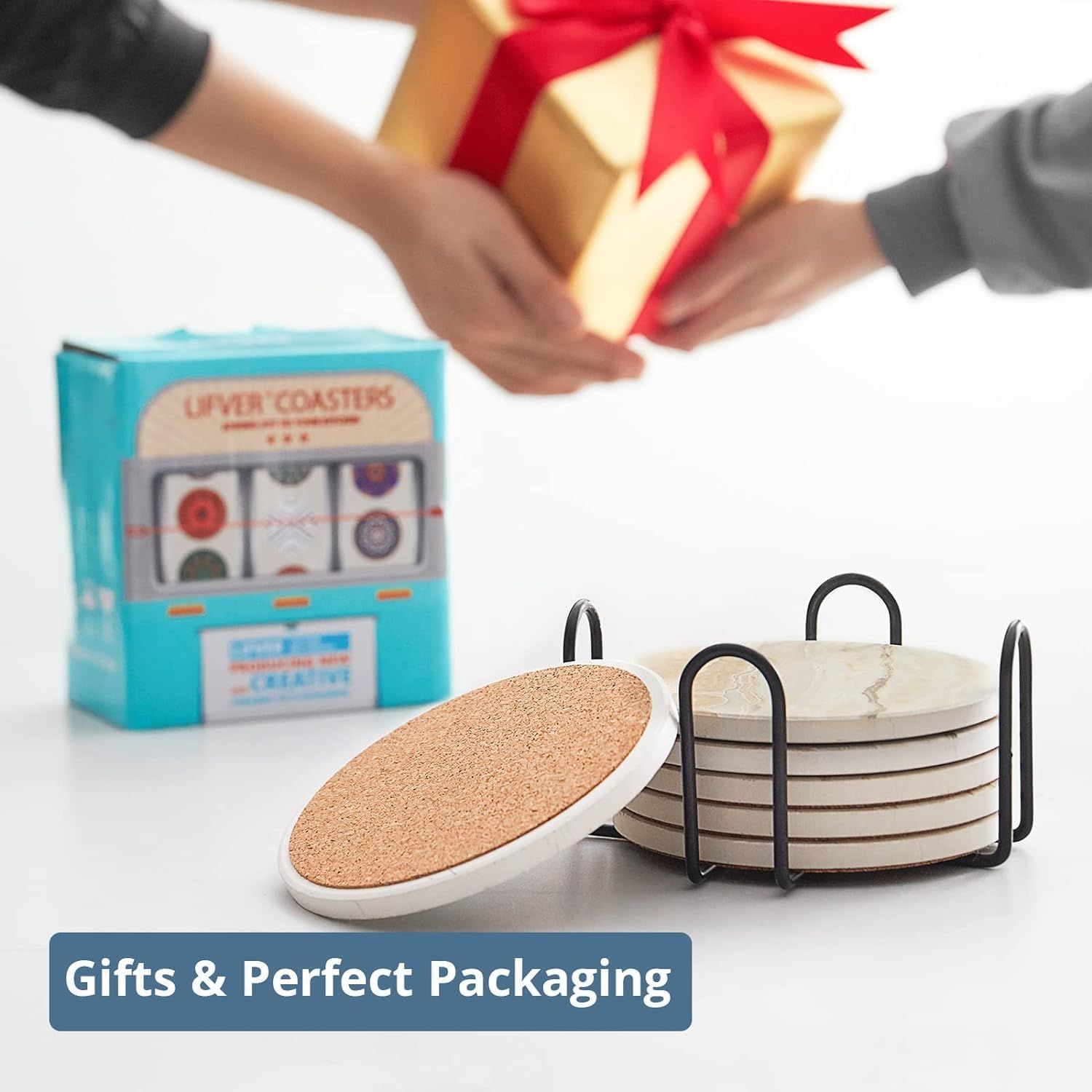 Positions the coaster set as a gift option with seasonal packaging cues to encourage gifting purchases. Communicates that the product comes ready to give as a gift with attractive packaging.