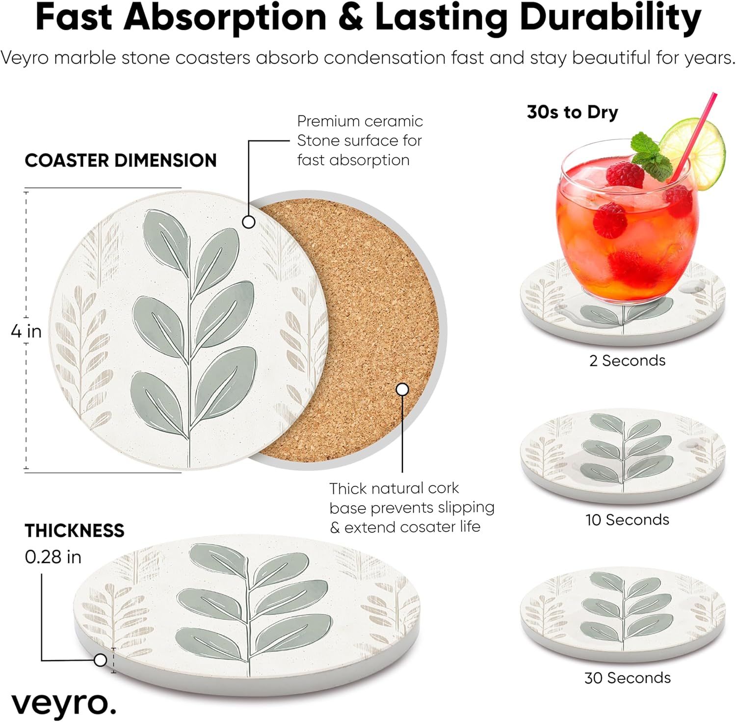 Breaks down the coaster's physical structure with labeled callouts showing the ceramic stone surface and cork base, while also demonstrating fast absorption and durability benefits. Communicates…