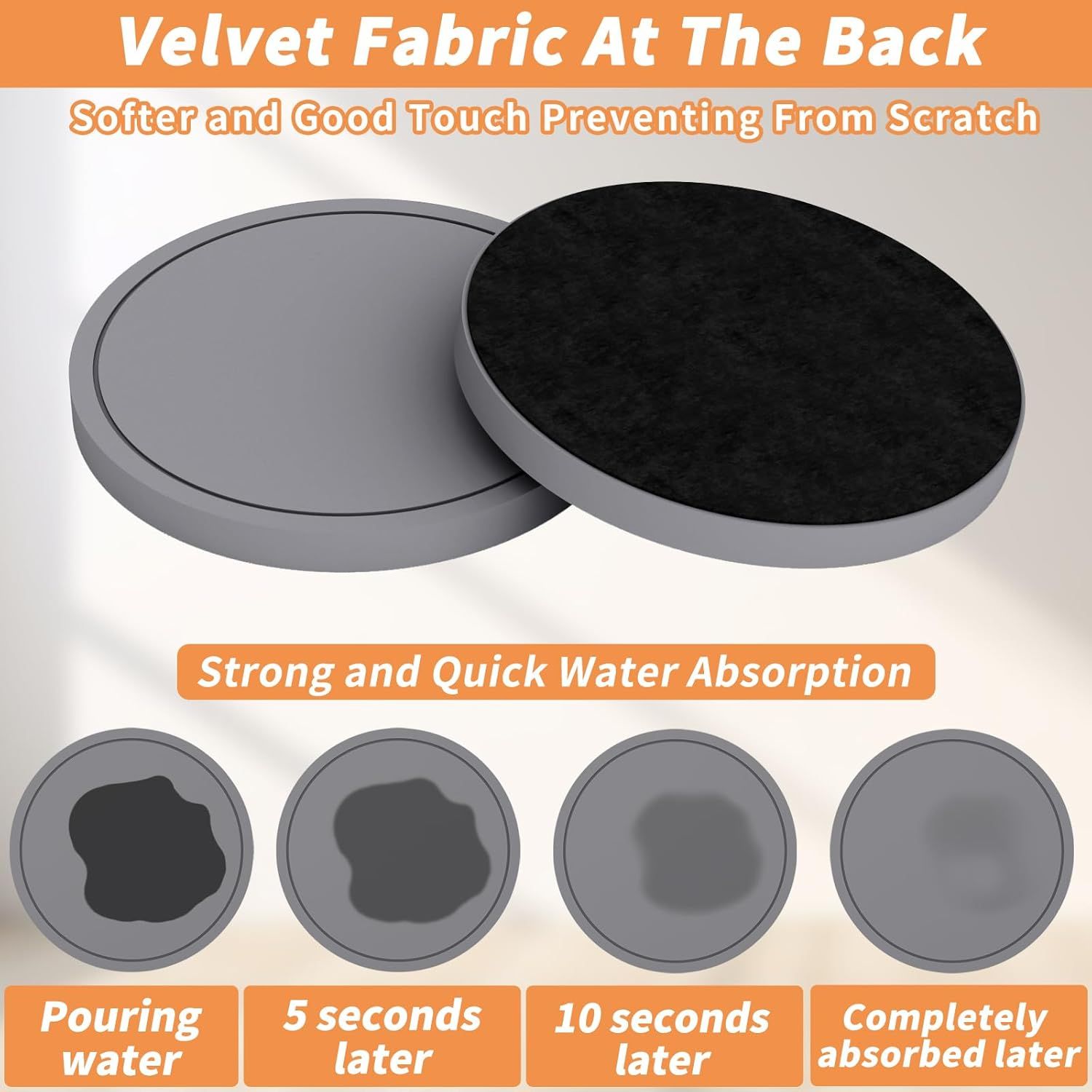 Highlights multiple benefits of the coaster including soft velvet backing for scratch prevention and strong quick water absorption demonstrated through a visual sequence.