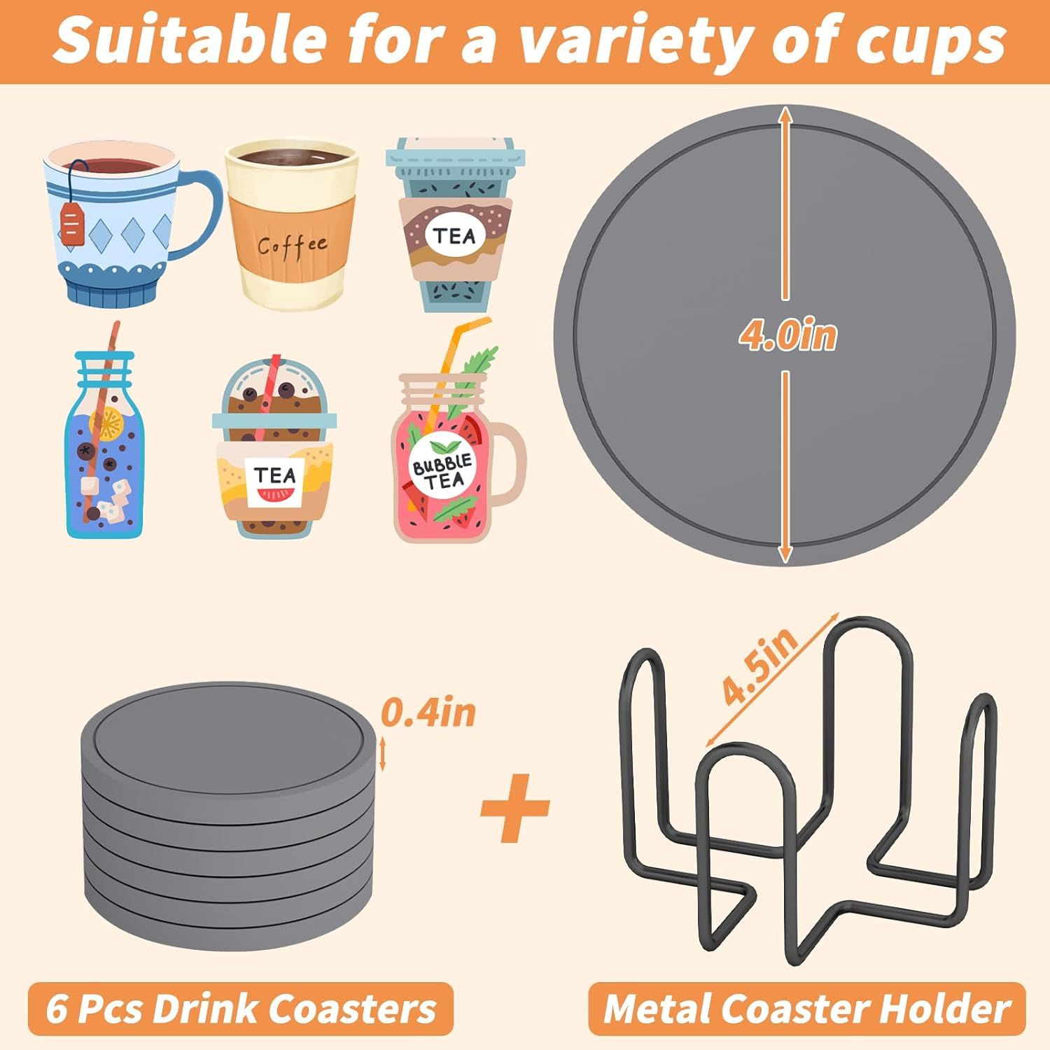 Shows the product is suitable for a variety of cup types and includes sizing information and inclusions to demonstrate versatility and compatibility. Displays what is included in the package: 6…