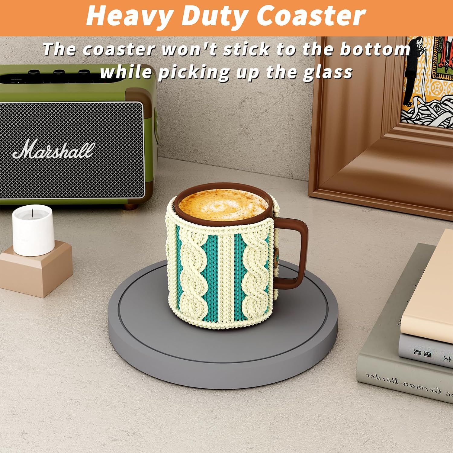Demonstrates that the coaster is heavy duty and will not stick to the bottom of the glass when picked up, solving a common coaster problem.