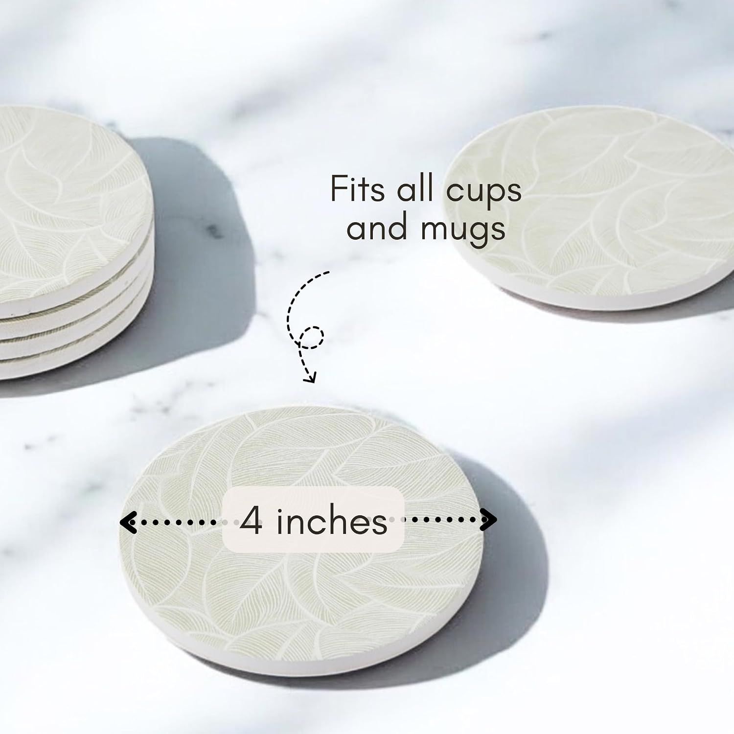 Shows the exact physical size of the coaster and reassures shoppers it will fit all their drinkware.