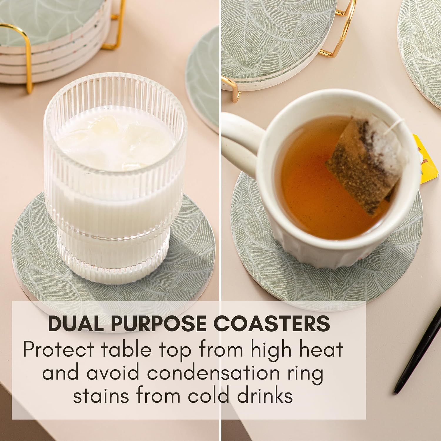 Highlights two distinct benefits in a split-panel layout to show shoppers the coasters protect tables from both hot and cold drinks.