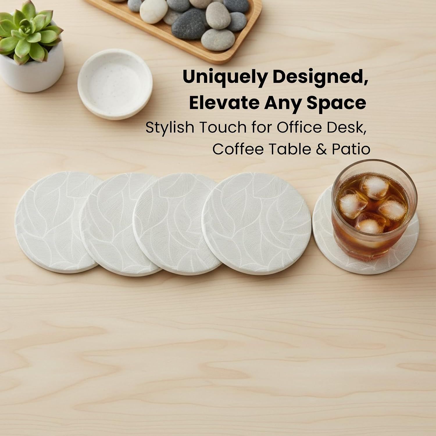 Demonstrates the coasters' versatility by showing they elevate any space and work in multiple environments.