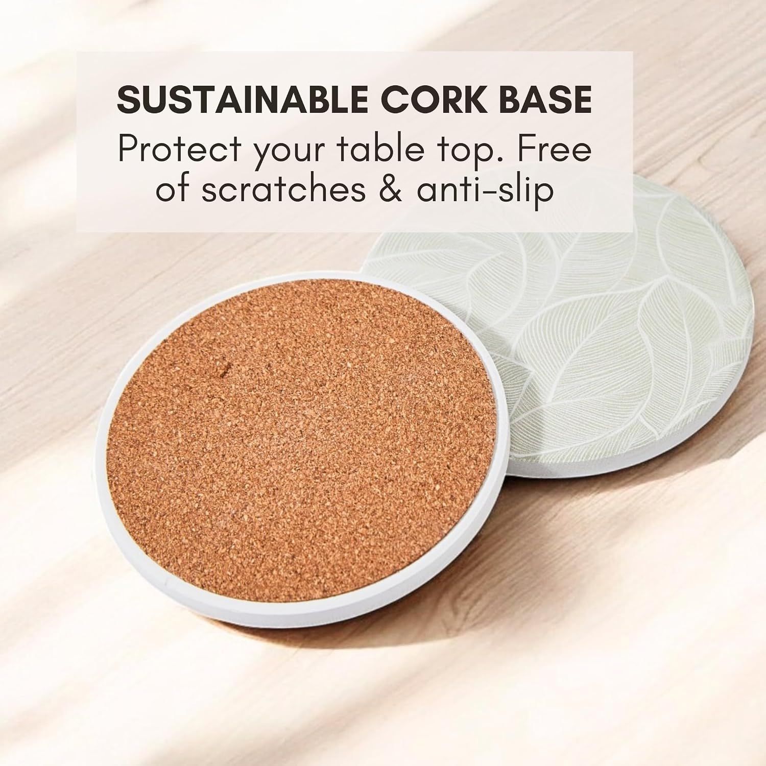 Highlights the eco-friendly cork material and its dual benefit of protecting tables from scratches while preventing slipping. Emphasizes the environmentally responsible cork base to appeal to…