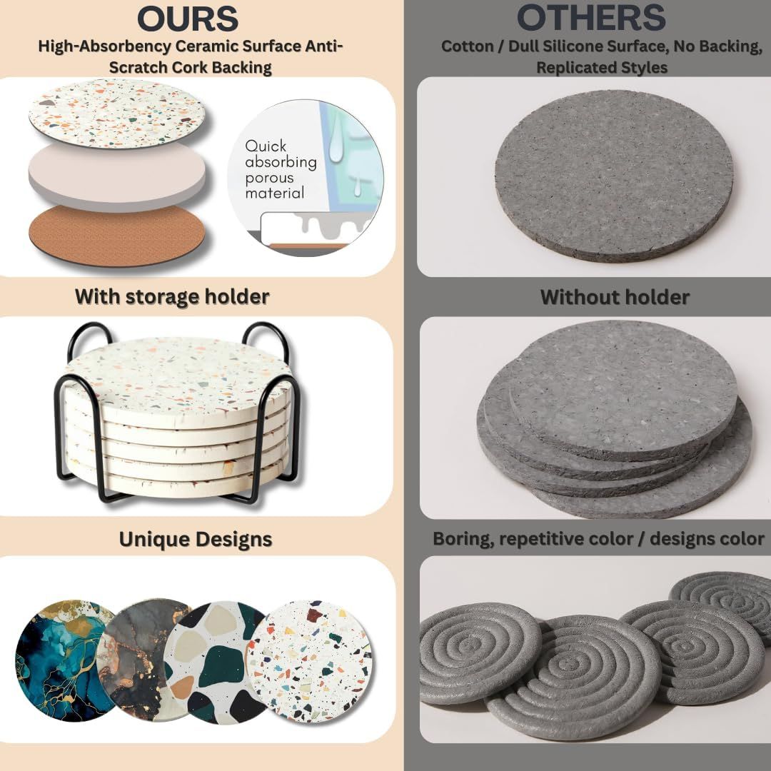 Demonstrates superiority over competing coasters by highlighting multiple advantages in material quality, functionality, and design.