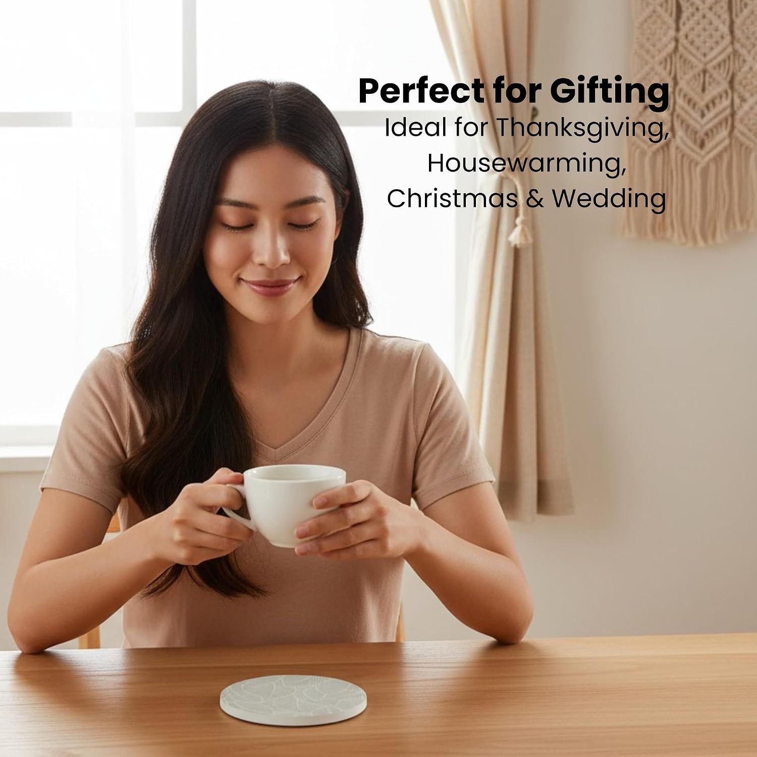 Positions the coasters as an ideal gift for Thanksgiving, Christmas, housewarming, and weddings to drive seasonal and gifting purchases.