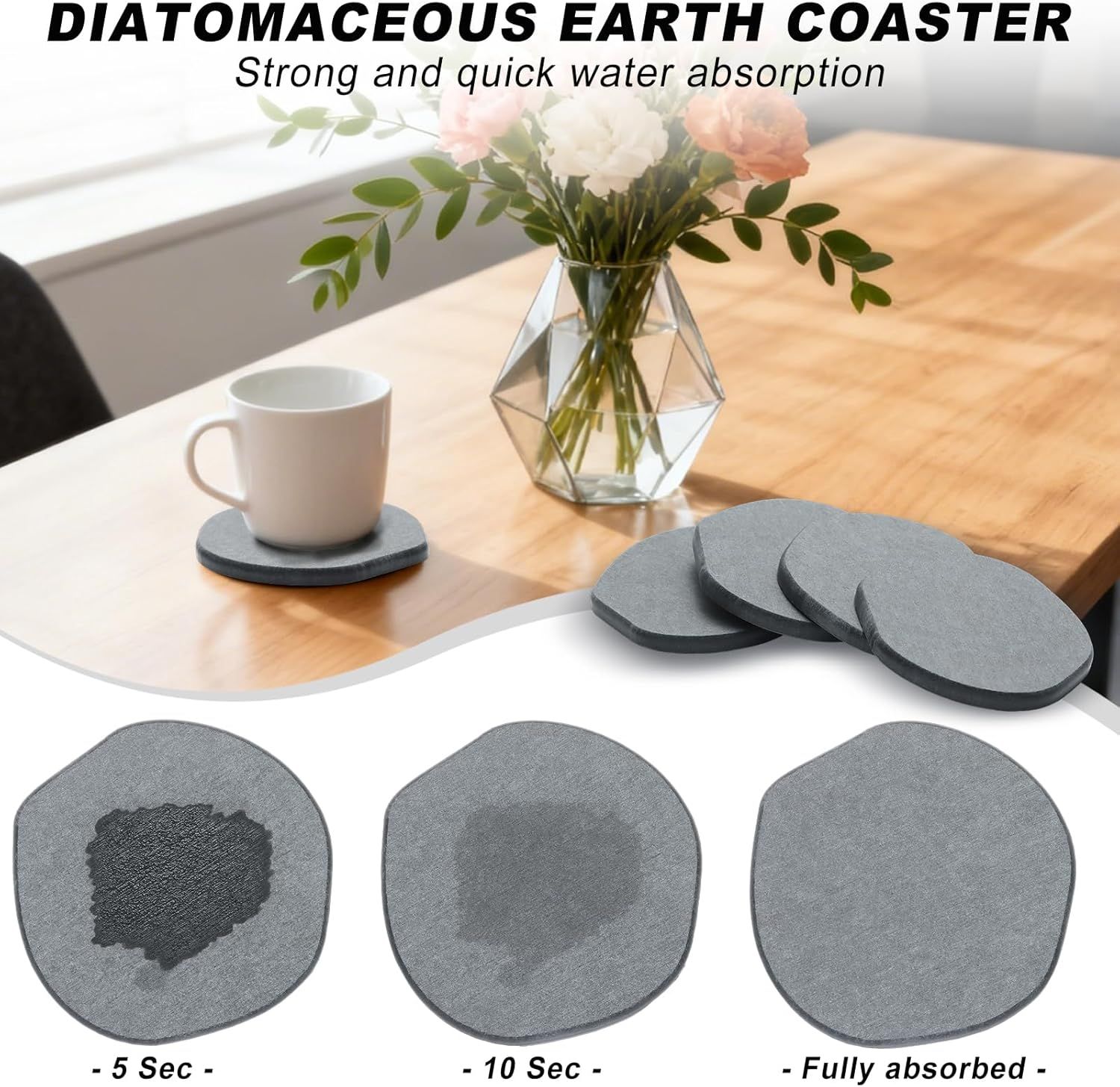 Demonstrates the coaster's fast water absorption capability by showing a timed progression (5 sec, 10 sec, fully absorbed), reassuring shoppers that spills are quickly managed. Highlights the…