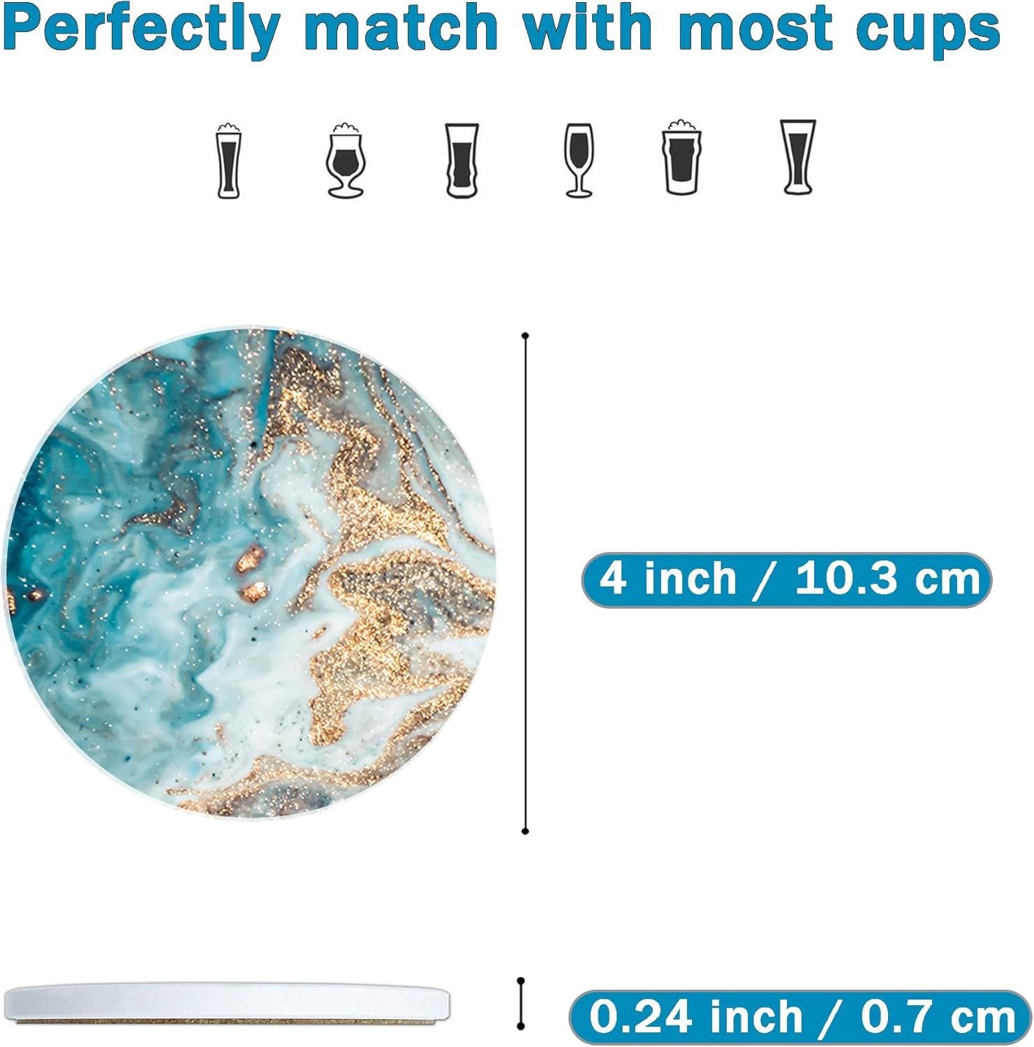 Provides exact physical dimensions of the coaster and shows compatibility with various cup types to help shoppers understand size and fit. Shows the coaster is compatible with multiple cup and glass…