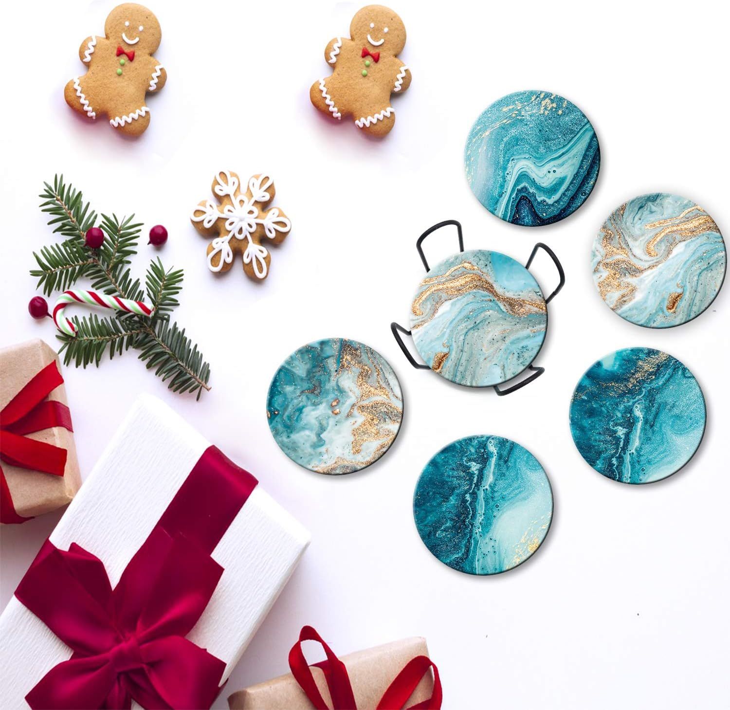Positions the coasters as a holiday gift option by showing them alongside Christmas decorations and wrapped presents.