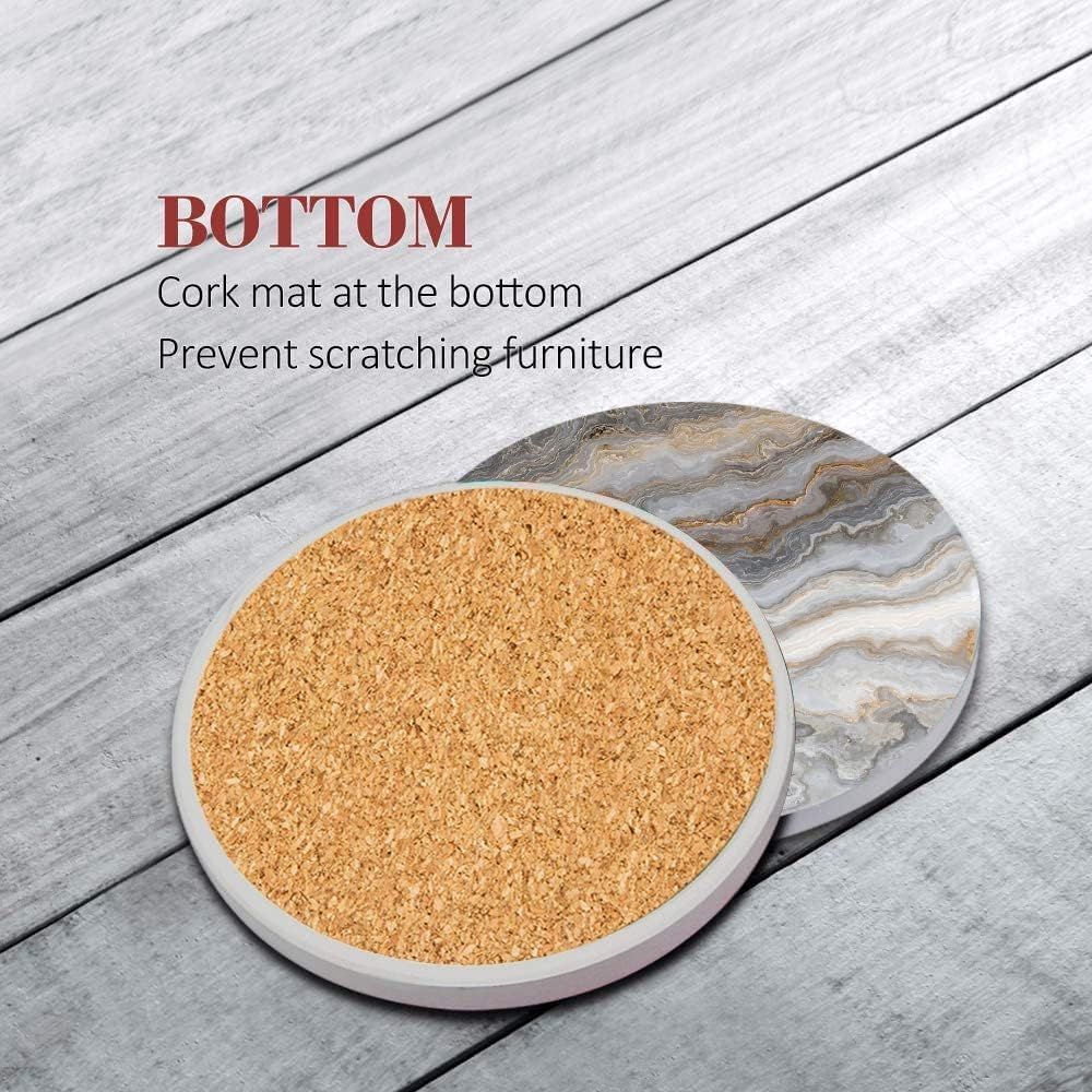 Highlights the cork mat feature on the bottom of the coaster to reassure shoppers that it prevents scratching furniture. Communicates the benefit of preventing furniture scratches through the cork…