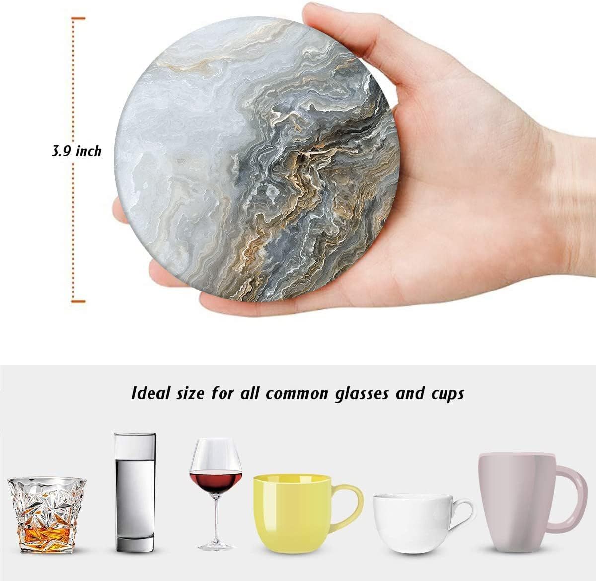 Shows the physical size of the coaster with dimensional measurement and hand reference to help shoppers understand if it fits their glassware. Demonstrates that the coaster size works with various…