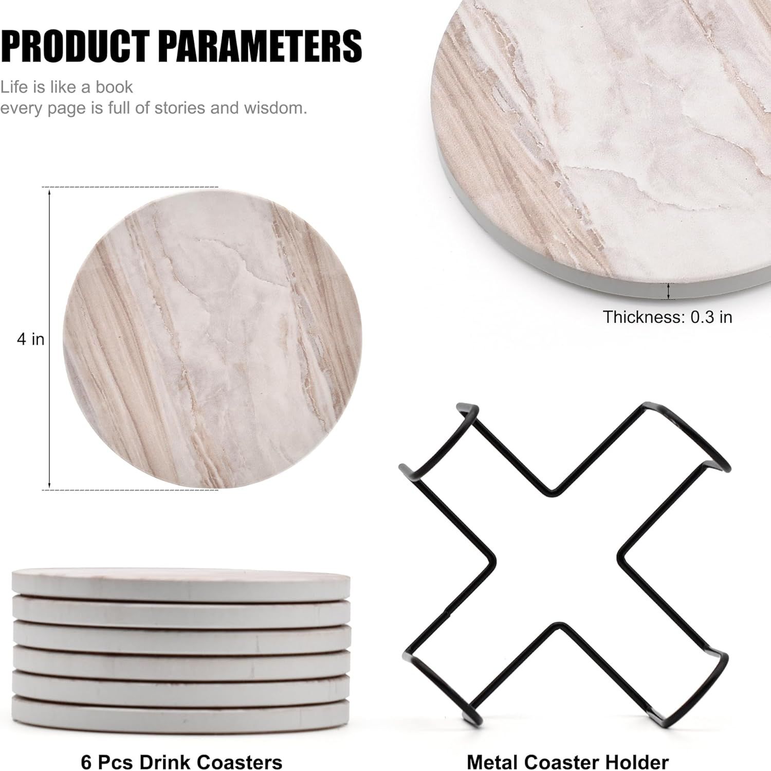 Shows everything included in the product set (coasters and holder) with dimensional specifications to help shoppers understand what they will receive and the physical size of the items.