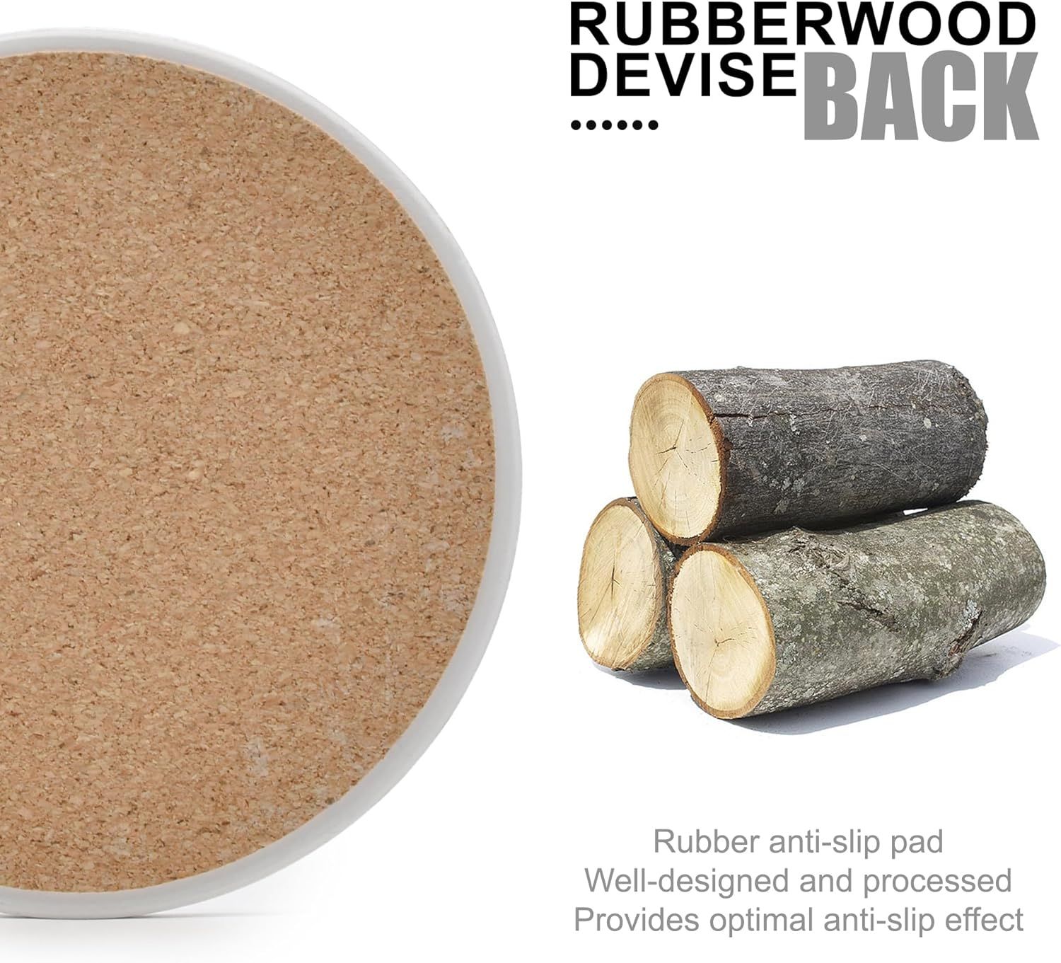 Breaks down the physical construction of the coaster by highlighting its component parts: the rubberwood back and cork bottom with anti-slip properties.