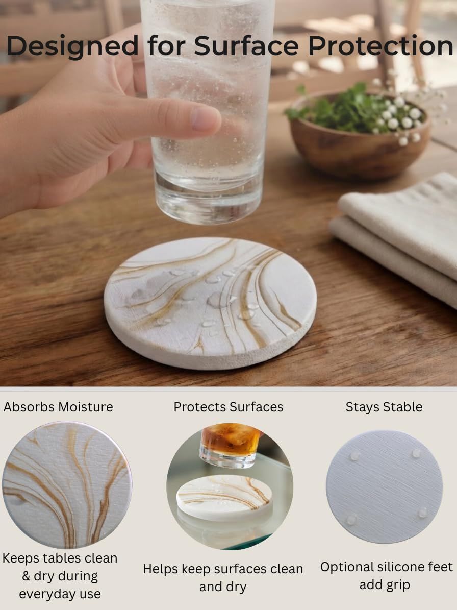 Highlights three distinct benefits of the coaster in a segmented layout to reassure shoppers that it protects surfaces, absorbs moisture, and stays stable during use.