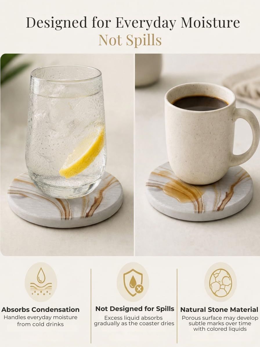 Explains three distinct characteristics of the coaster in a segmented layout to set proper expectations about condensation handling, spill limitations, and natural material properties.