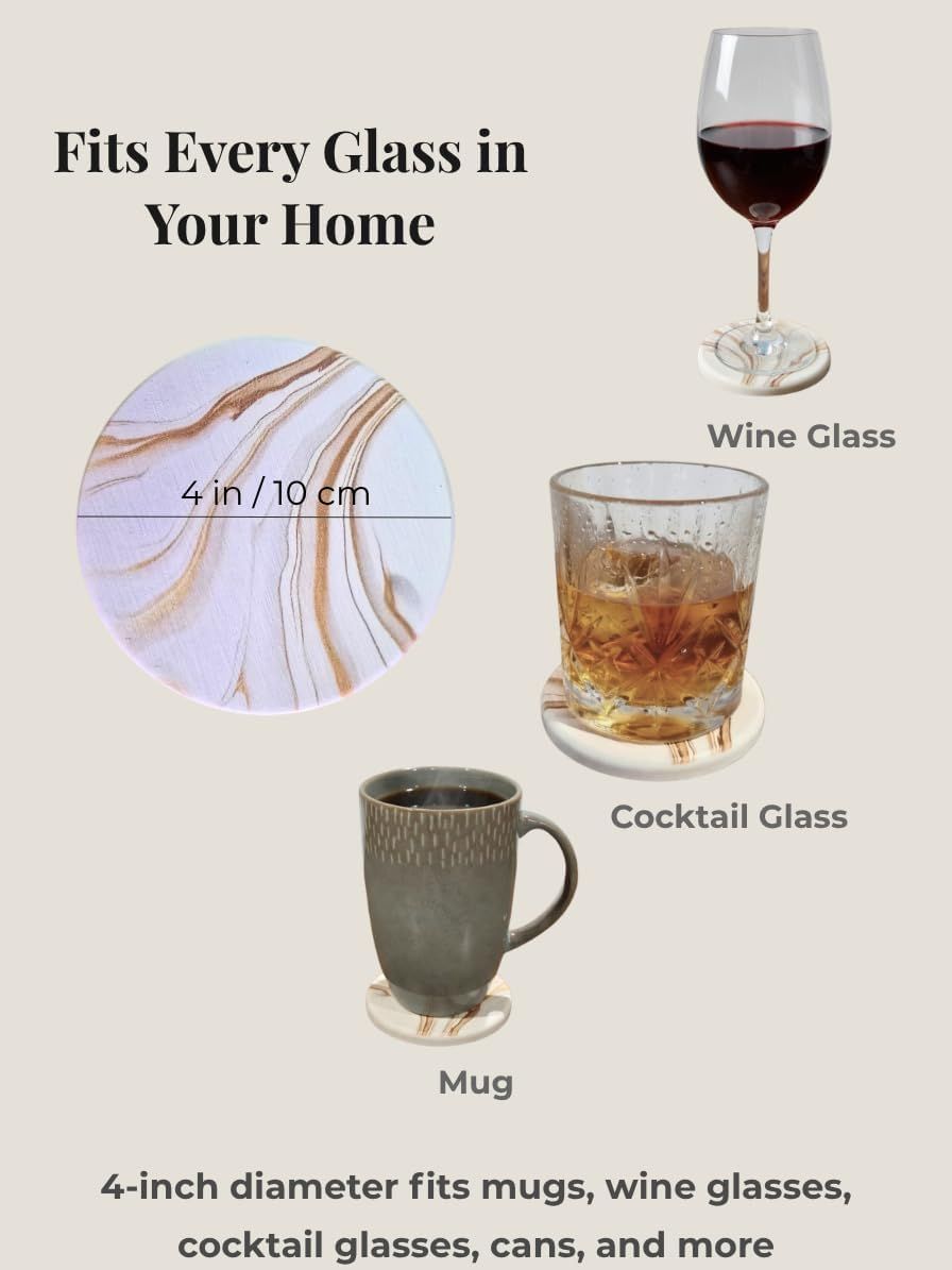 Demonstrates the coaster's versatility by showing it works with wine glasses, cocktail glasses, mugs, and more to reassure shoppers of its broad compatibility. Provides the exact physical dimensions…