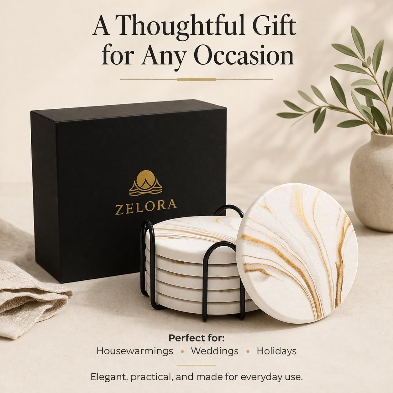 Positions the product as an elegant gift suitable for housewarmings, weddings, and holidays to encourage gifting purchases.