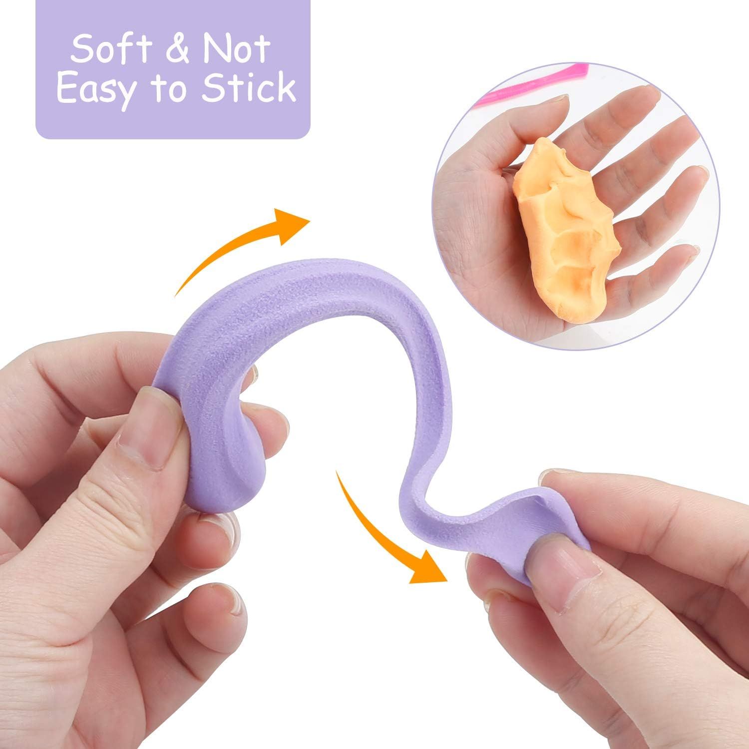 Highlights the soft, pliable, and non-sticky texture of the product, reassuring parents that it is easy and pleasant for children to handle.