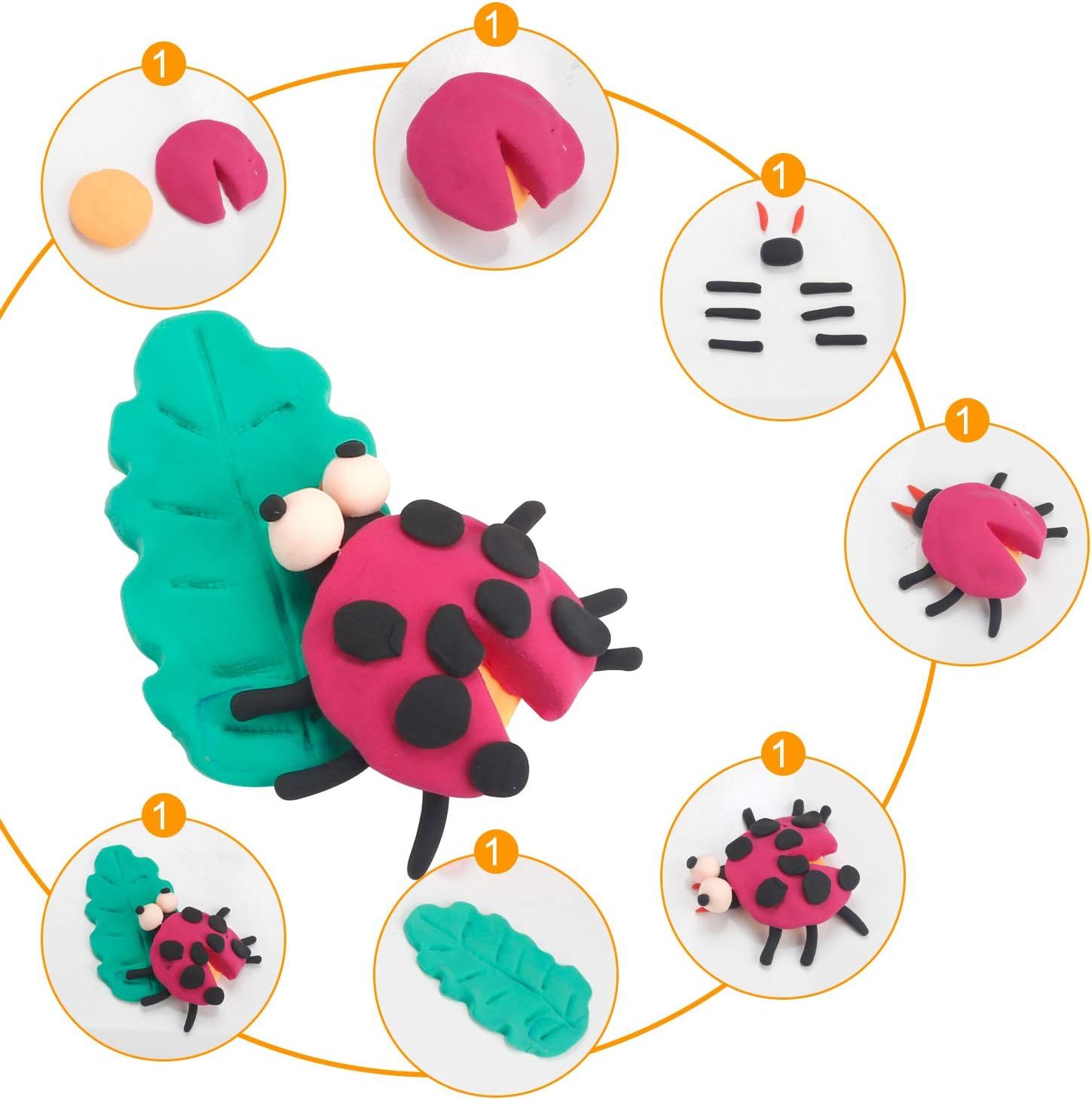 Provides a visual step-by-step guide showing how to create a ladybug figure, helping children understand the sculpting process.