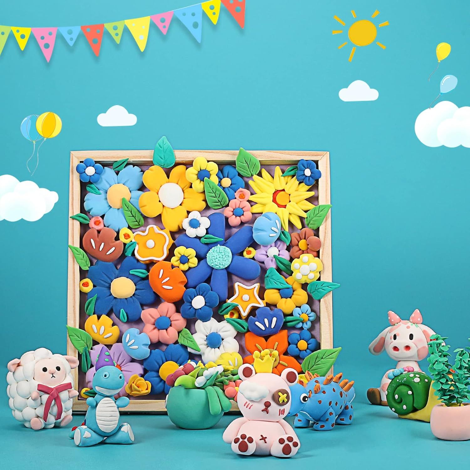 Displays a vibrant, styled scene of various clay creations to inspire creativity and show the product's potential for imaginative play.