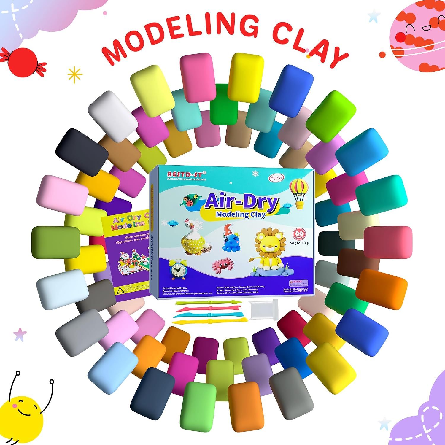 Shows the complete modeling clay kit with all included colors and accessories to help shoppers understand what they receive in the package.