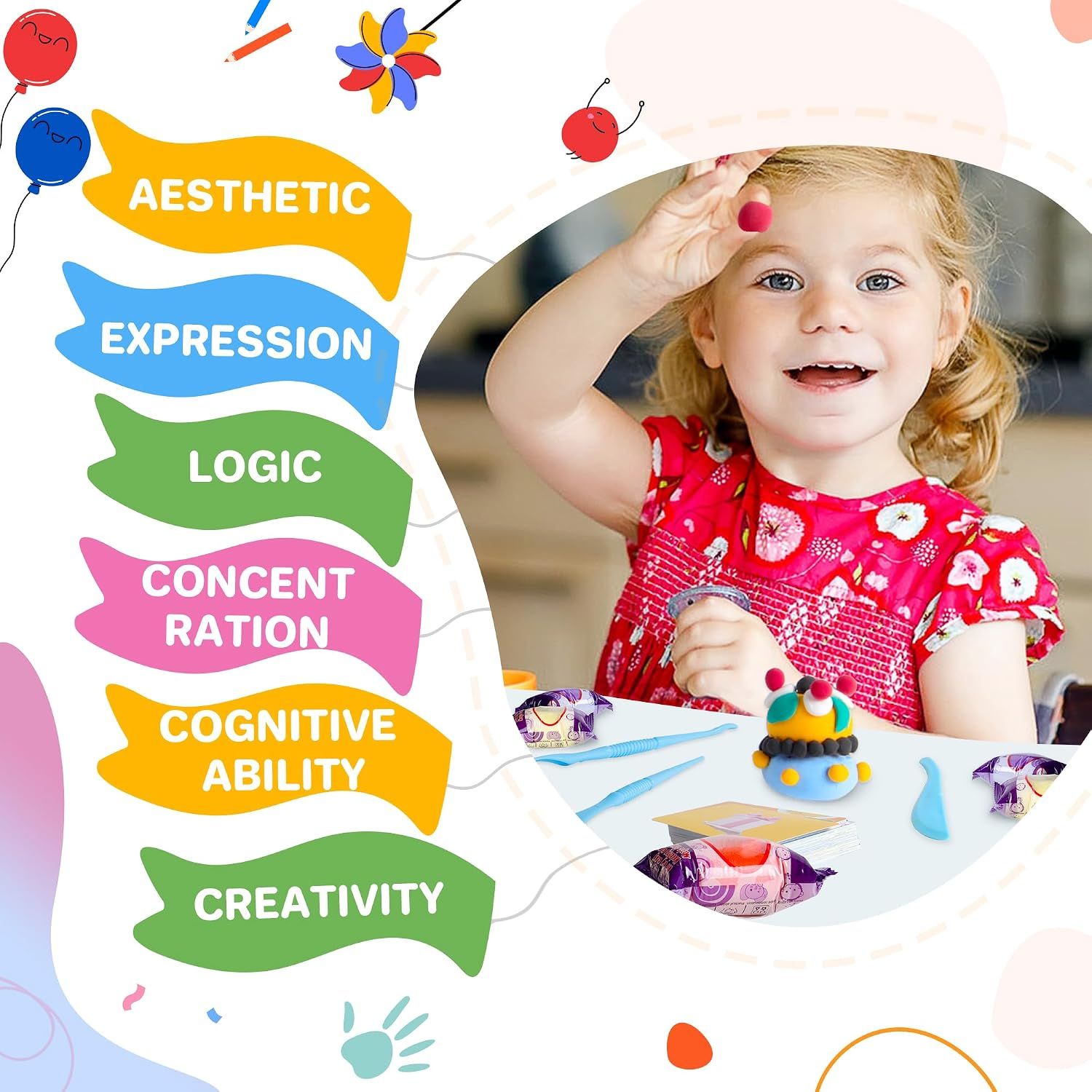 Communicates the educational and developmental benefits of the modeling clay, showing how it supports multiple areas of child development.