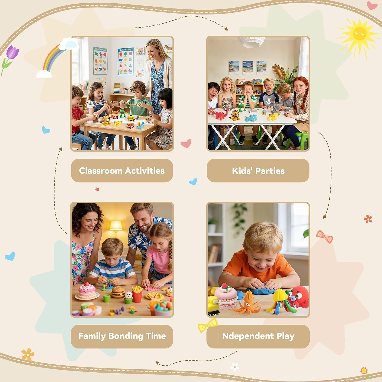 Demonstrates multiple use scenarios where the modeling clay is appropriate, showing its versatility for different settings and occasions.