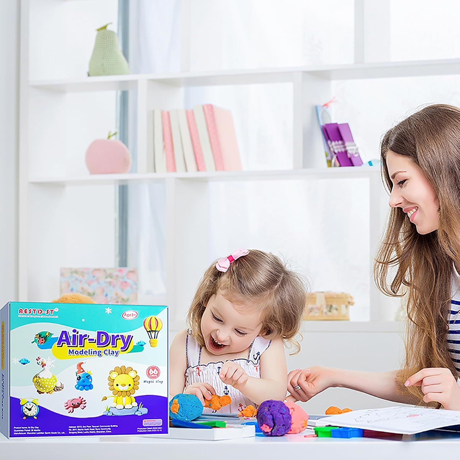 Shows the product in a real-world home setting with a mother and child playing together, creating an emotional connection with potential buyers.