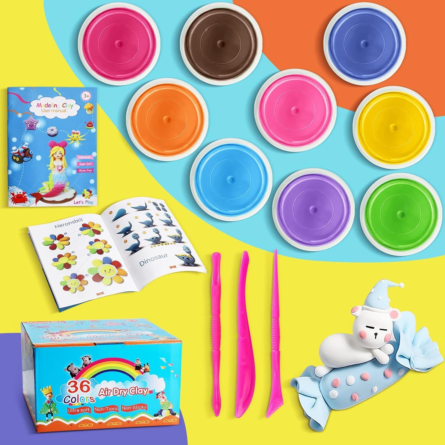 Shows everything included in the air dry clay kit: 36 colors, tools, instruction manual, and packaging to help shoppers understand the full value of the bundle.
