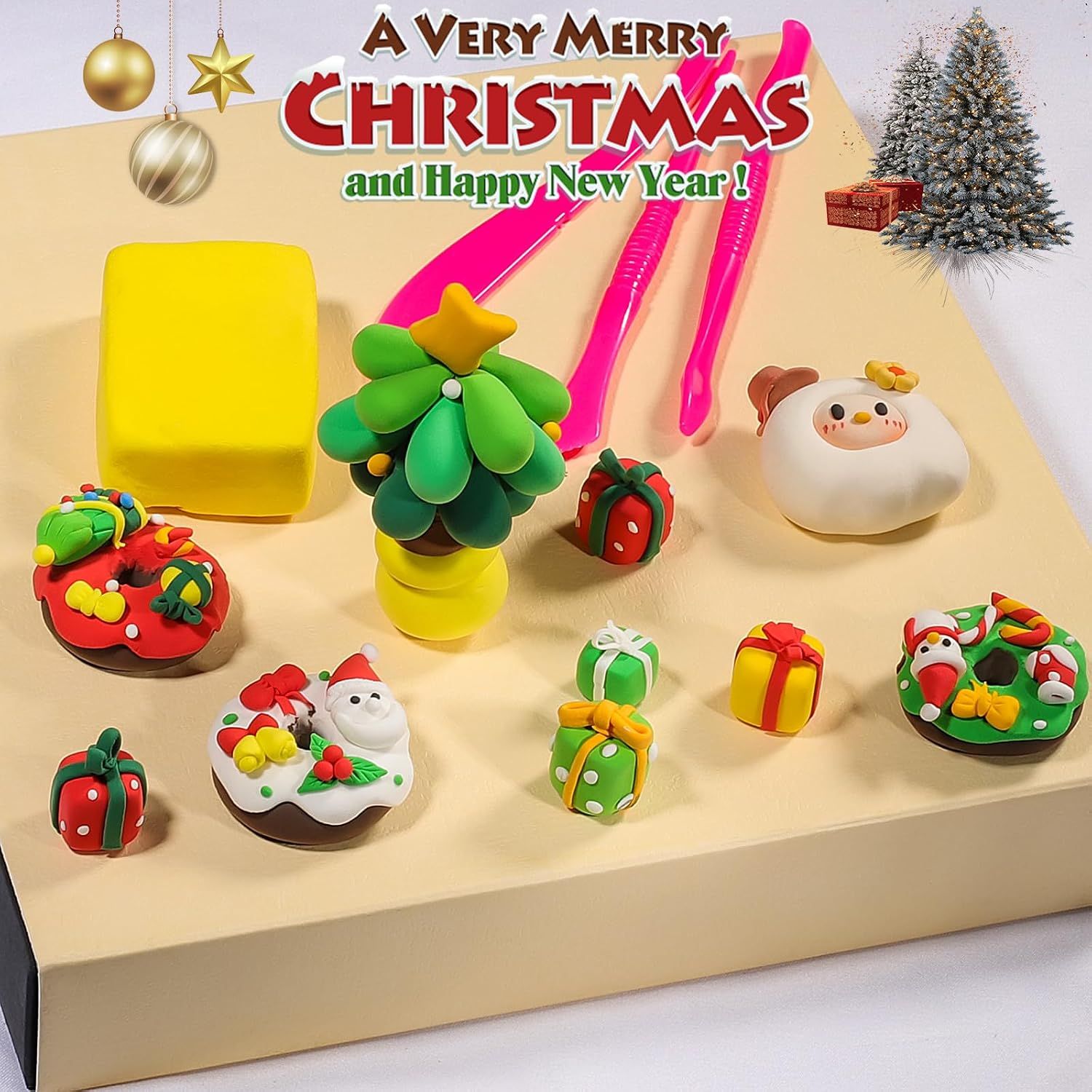 Positions the clay set as a perfect Christmas and New Year gift with festive decorations and holiday-themed clay creations.