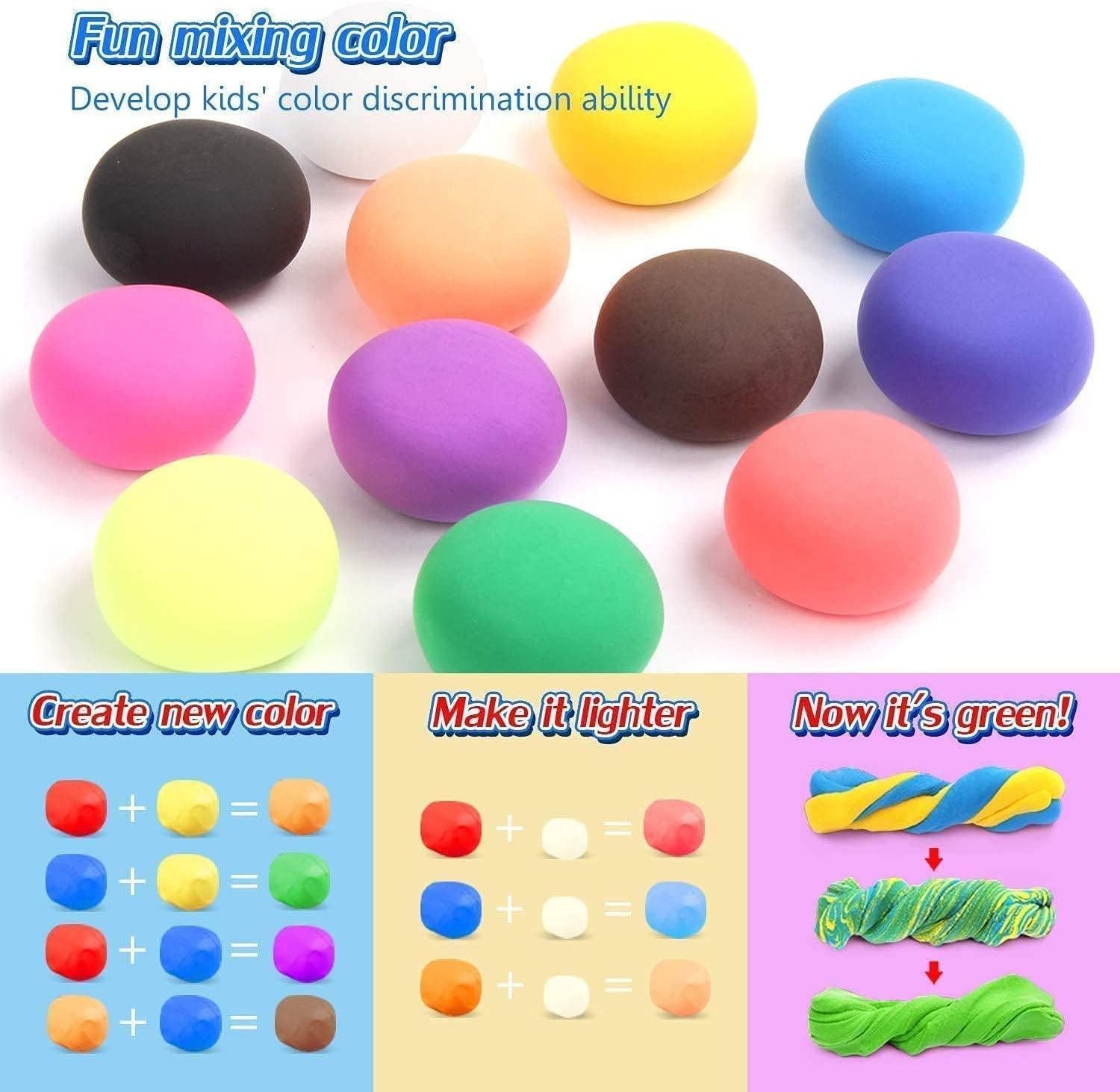 Demonstrates multiple educational benefits of the clay: mixing colors to create new ones, lightening colors, and transforming colors through blending to develop children's color discrimination…