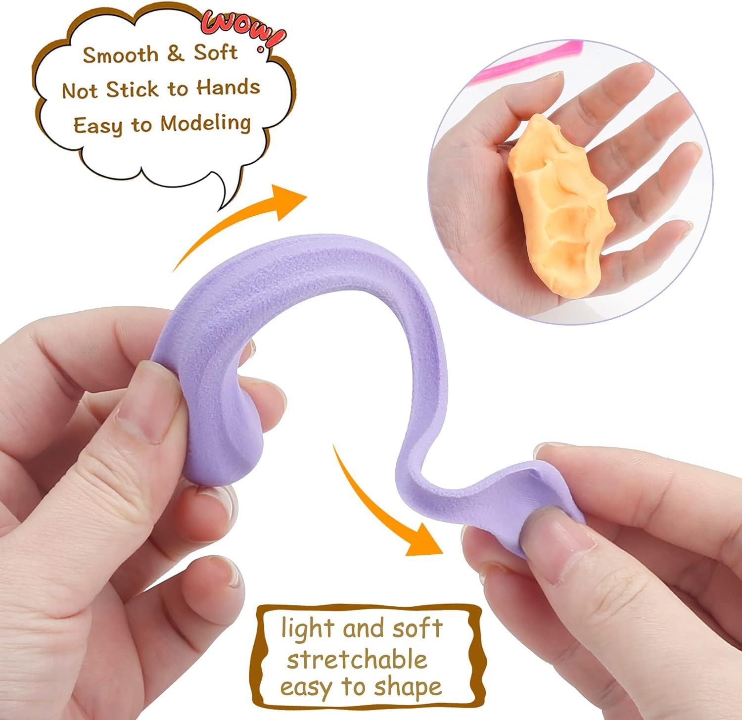 Highlights multiple material benefits of the modeling clay including its soft texture, non-stick properties, ease of shaping, and stretchability to reassure parents and kids about ease of use.