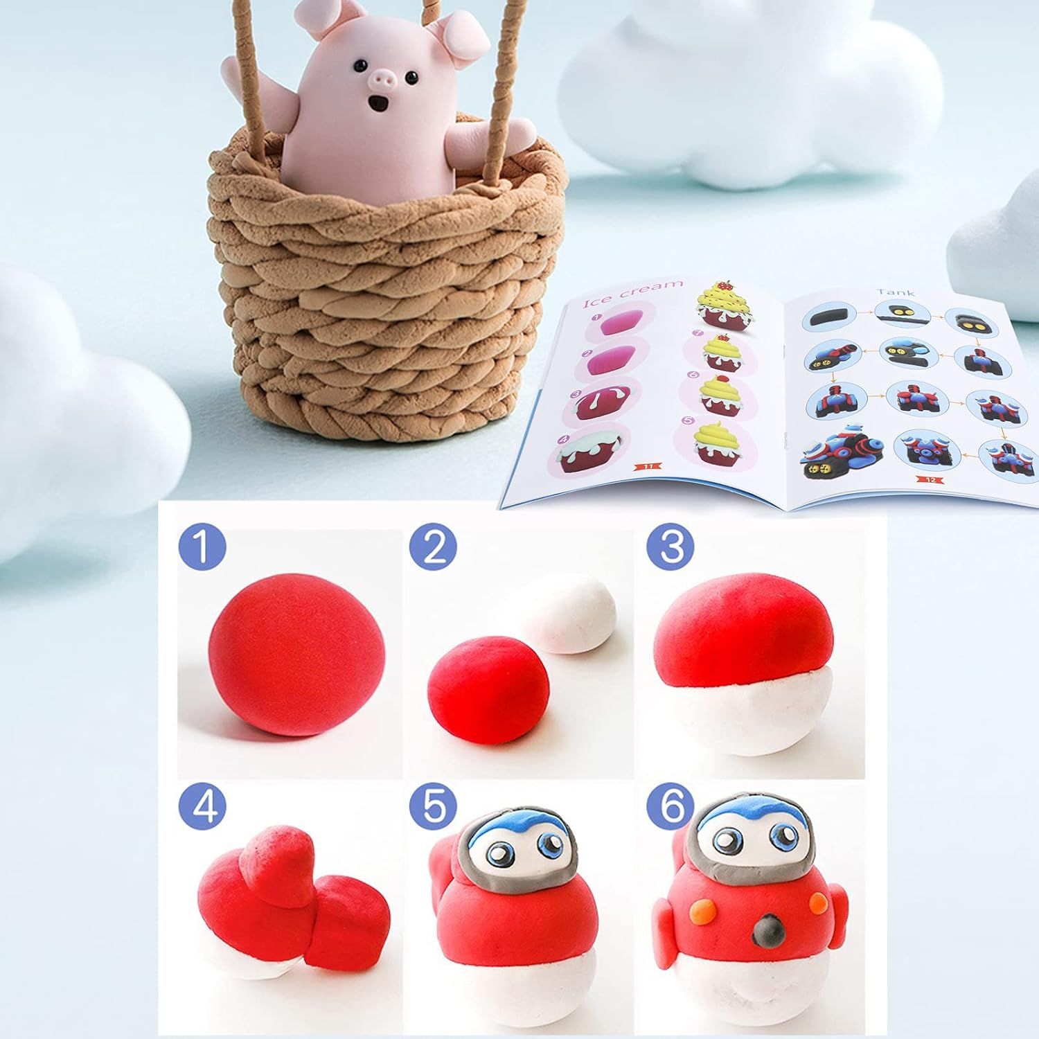 Demonstrates a clear 6-step process for creating a character from modeling clay, showing shoppers how easy it is to use the product and follow along with included instructions.