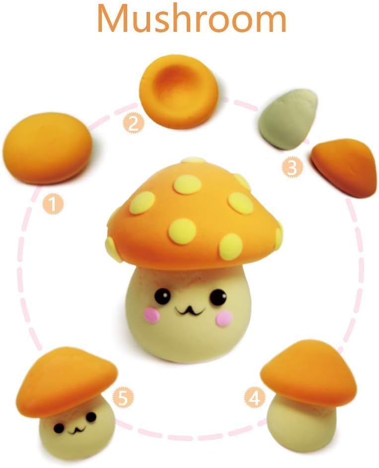 Shows a numbered 5-step instructional sequence for creating a mushroom character, helping shoppers understand the ease of following modeling instructions.