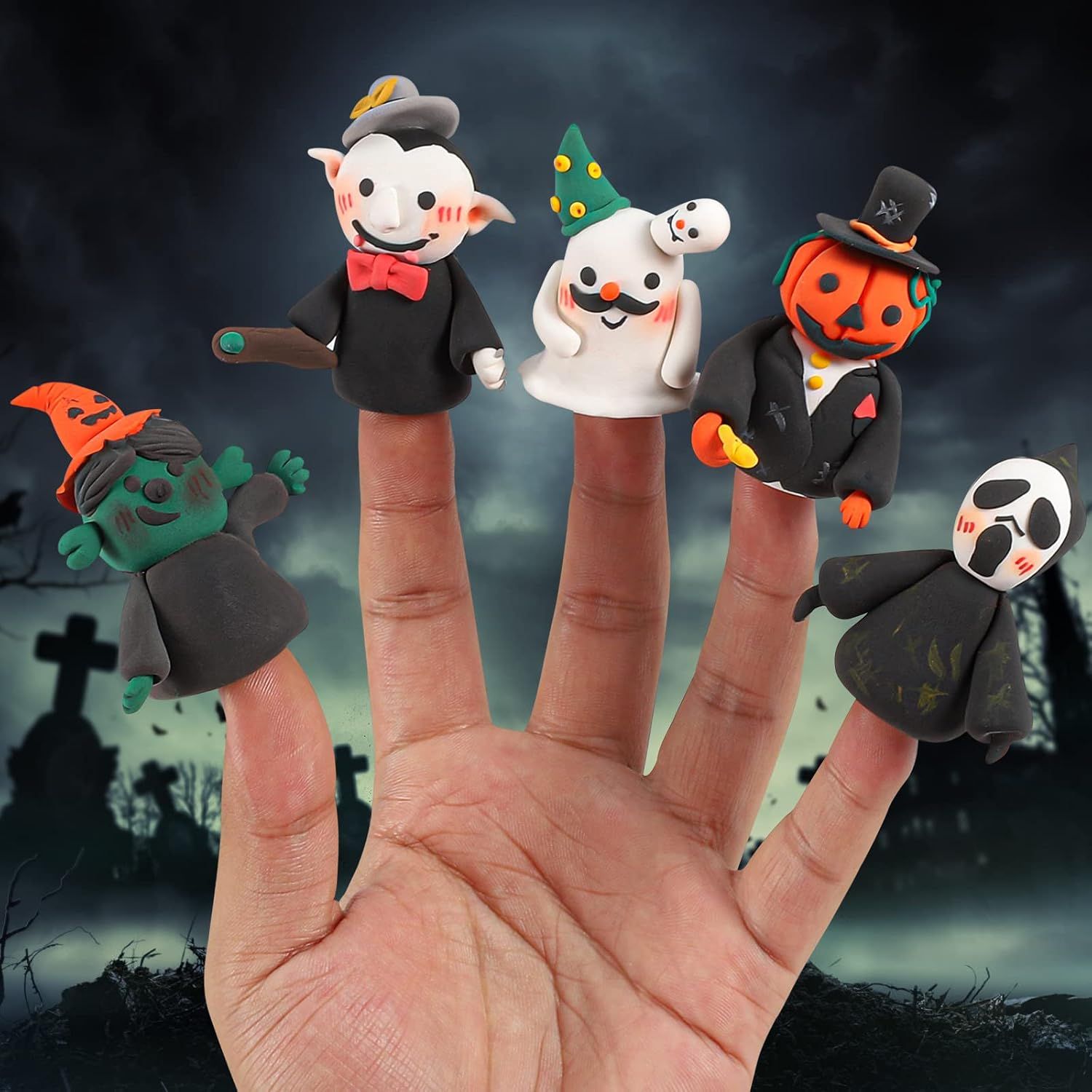 Displays Halloween-themed finger puppets including vampire, snowman, pumpkin, and ghost characters to position the product as ideal for Halloween crafts and seasonal play.