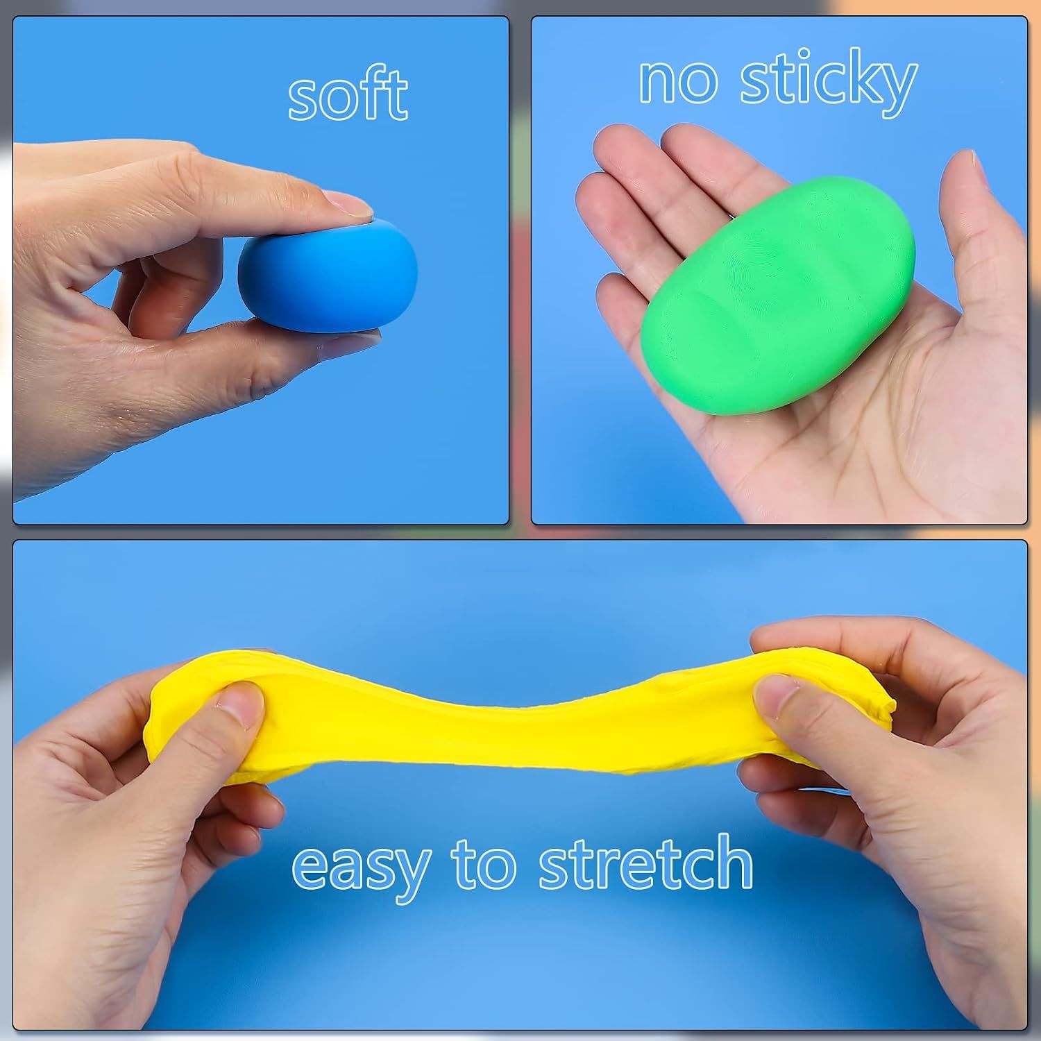 Highlights three distinct material benefits of the modeling clay in a segmented three-panel layout to reassure shoppers about the product's tactile quality and ease of use.