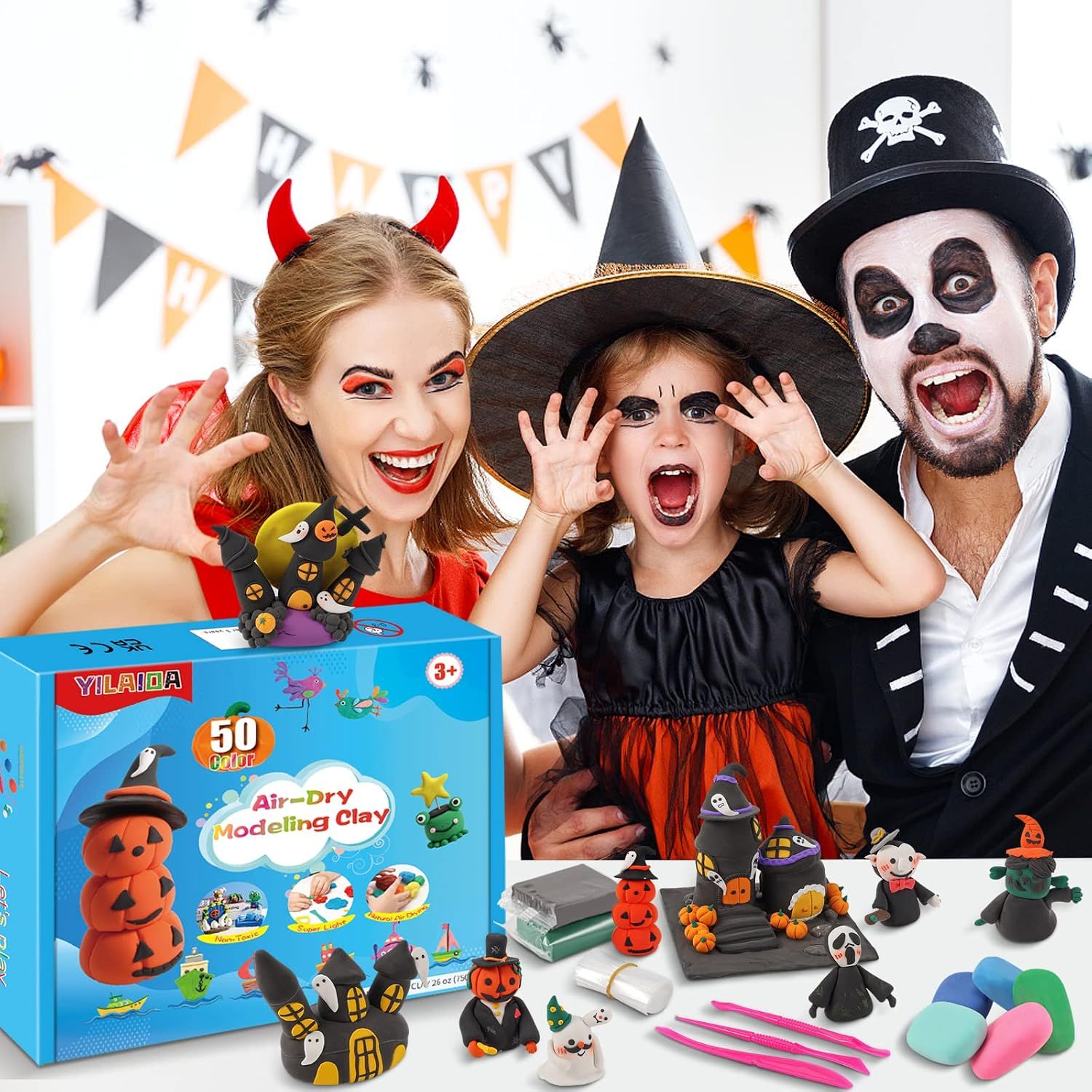 Positions the modeling clay kit as a fun Halloween family activity and gift, showing the product in use during a seasonal celebration to drive holiday purchase intent.