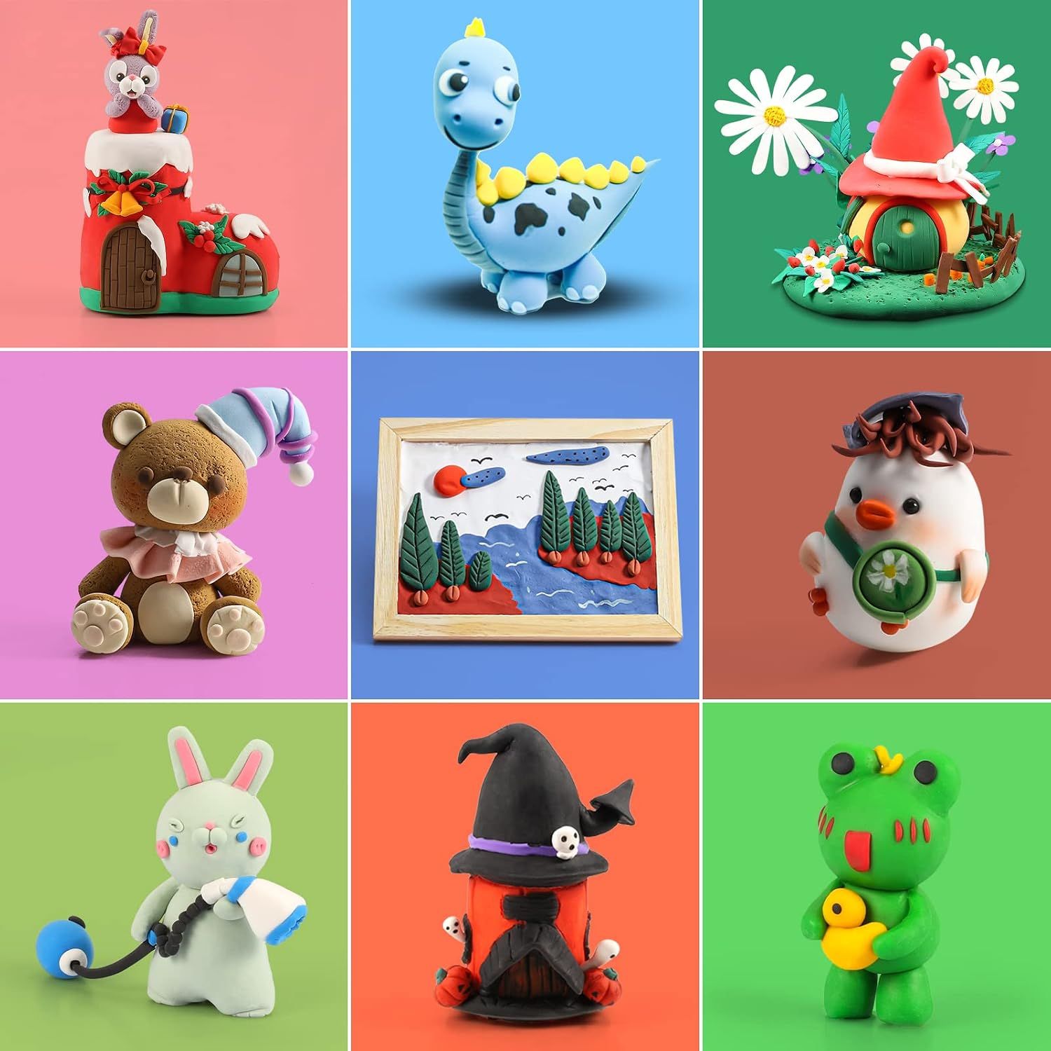 Showcases a grid of diverse customer-made clay creations to inspire shoppers and demonstrate the creative possibilities of the product.
