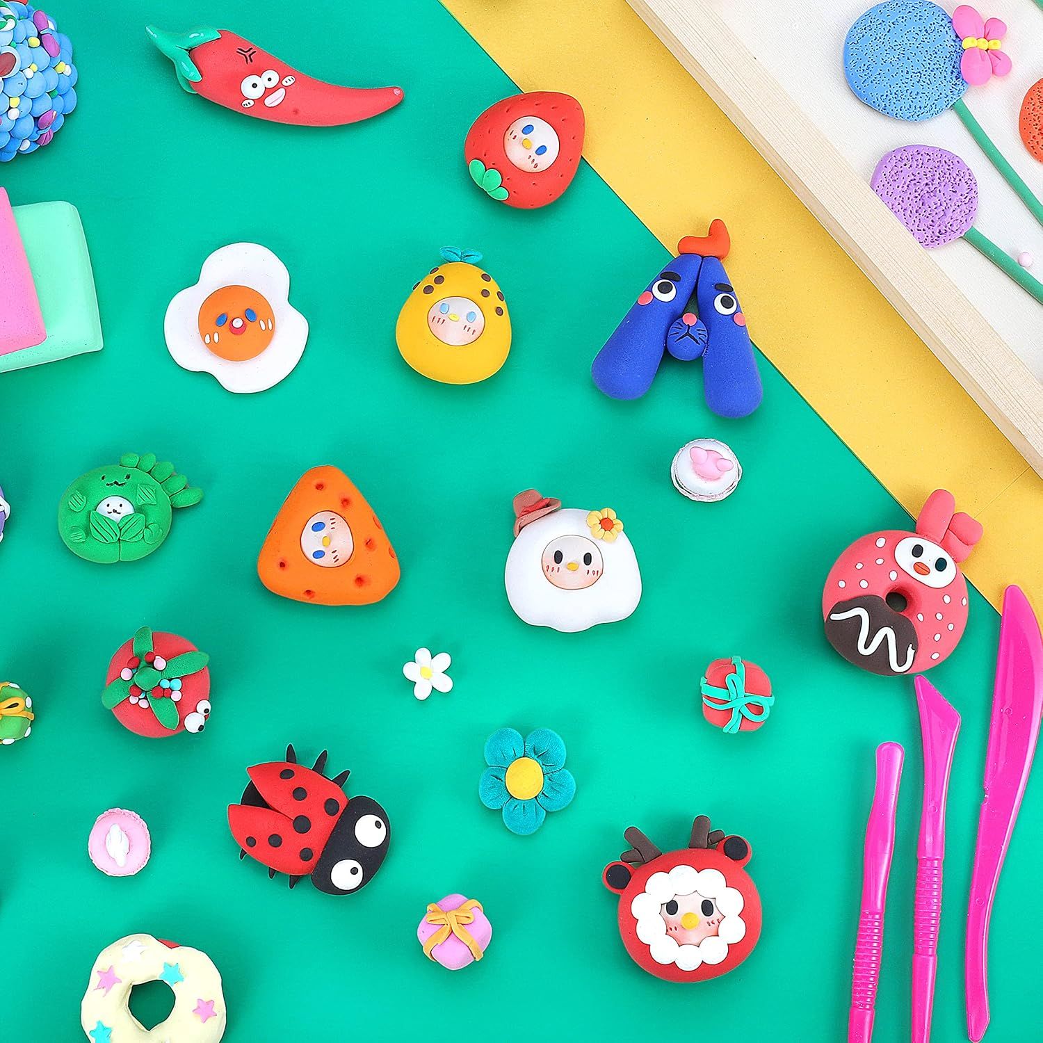 Showcases a variety of playful customer-made clay designs including animals, food, and characters to demonstrate creative possibilities and inspire shoppers.