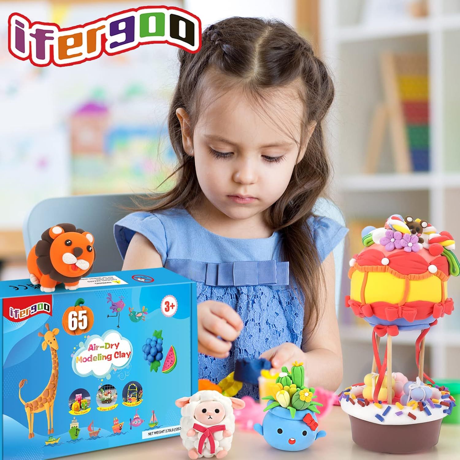 Shows a child engaged in creative play with the modeling clay in a real-world home setting to help shoppers visualize the product in use.