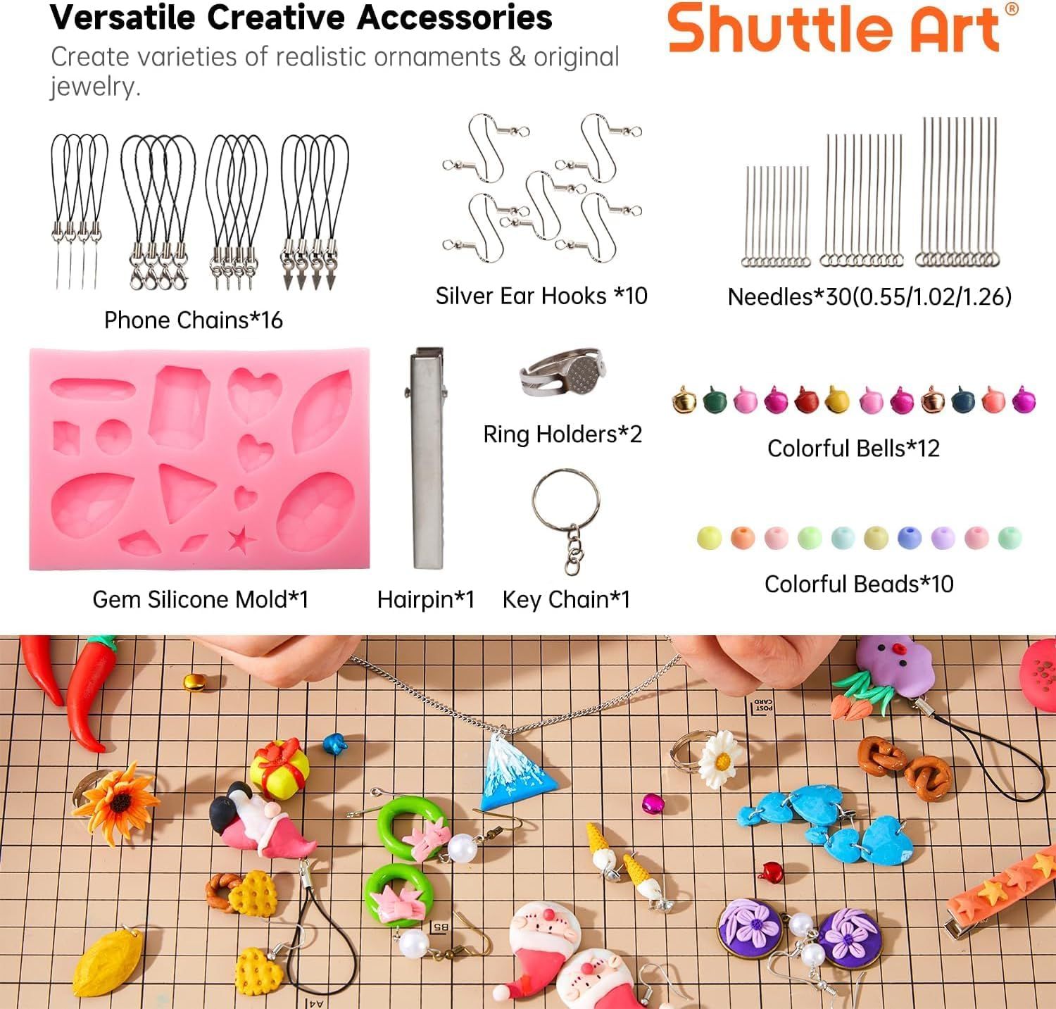 Displays all the creative accessories included in the kit (phone chains, ear hooks, needles, molds, bells, beads) to show shoppers the variety of projects they can create.