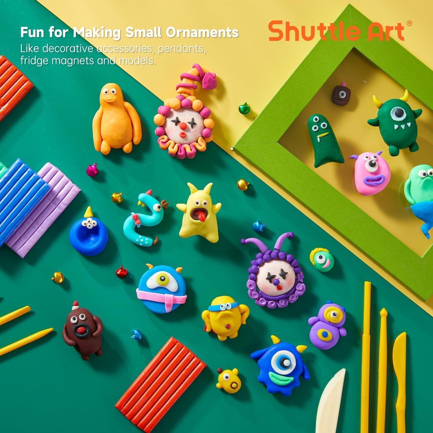Demonstrates multiple creative use cases for the clay kit to inspire shoppers and show the product's versatility for making various small crafts.