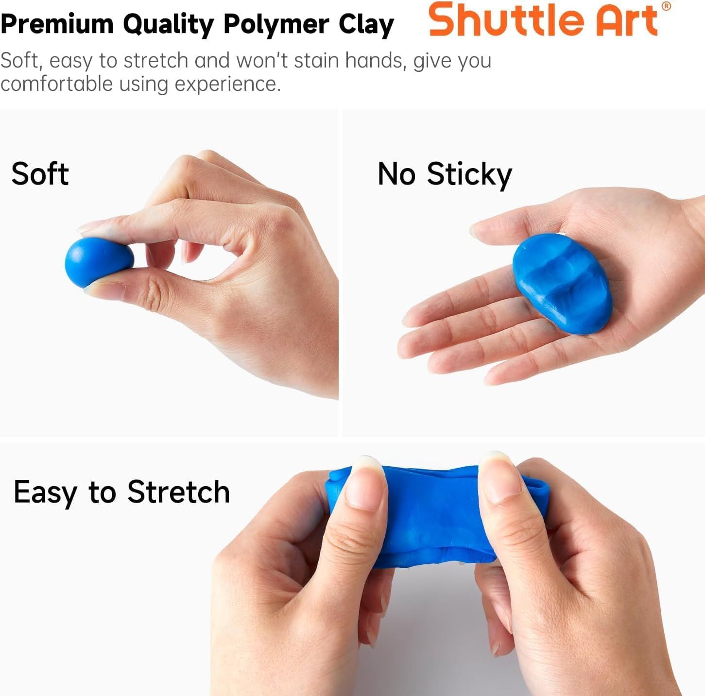 Highlights three distinct material benefits of the polymer clay (softness, non-sticky texture, stretchability) to reassure shoppers about ease of use and comfort.