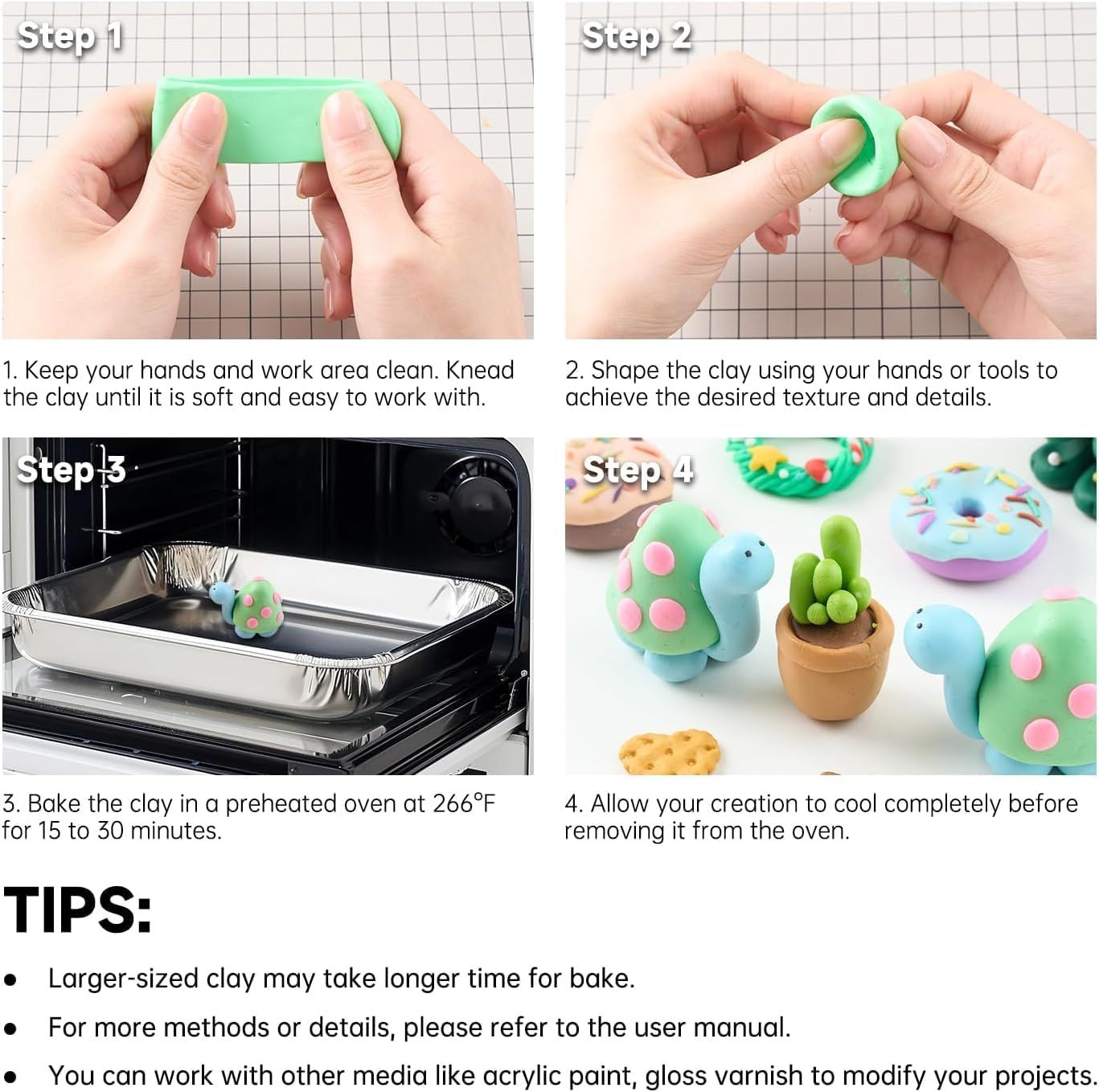 Provides clear step-by-step instructions on how to use and bake the clay to reassure shoppers that the product is easy to work with and achieve results.